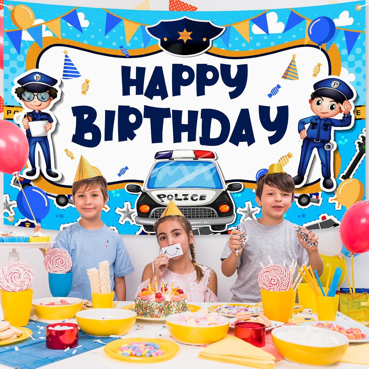 Cartel de fondo de policía con texto en inglés Happy Birthday de policía azul, para decoración de fiestas temáticas de cumpleaños, suministros de
