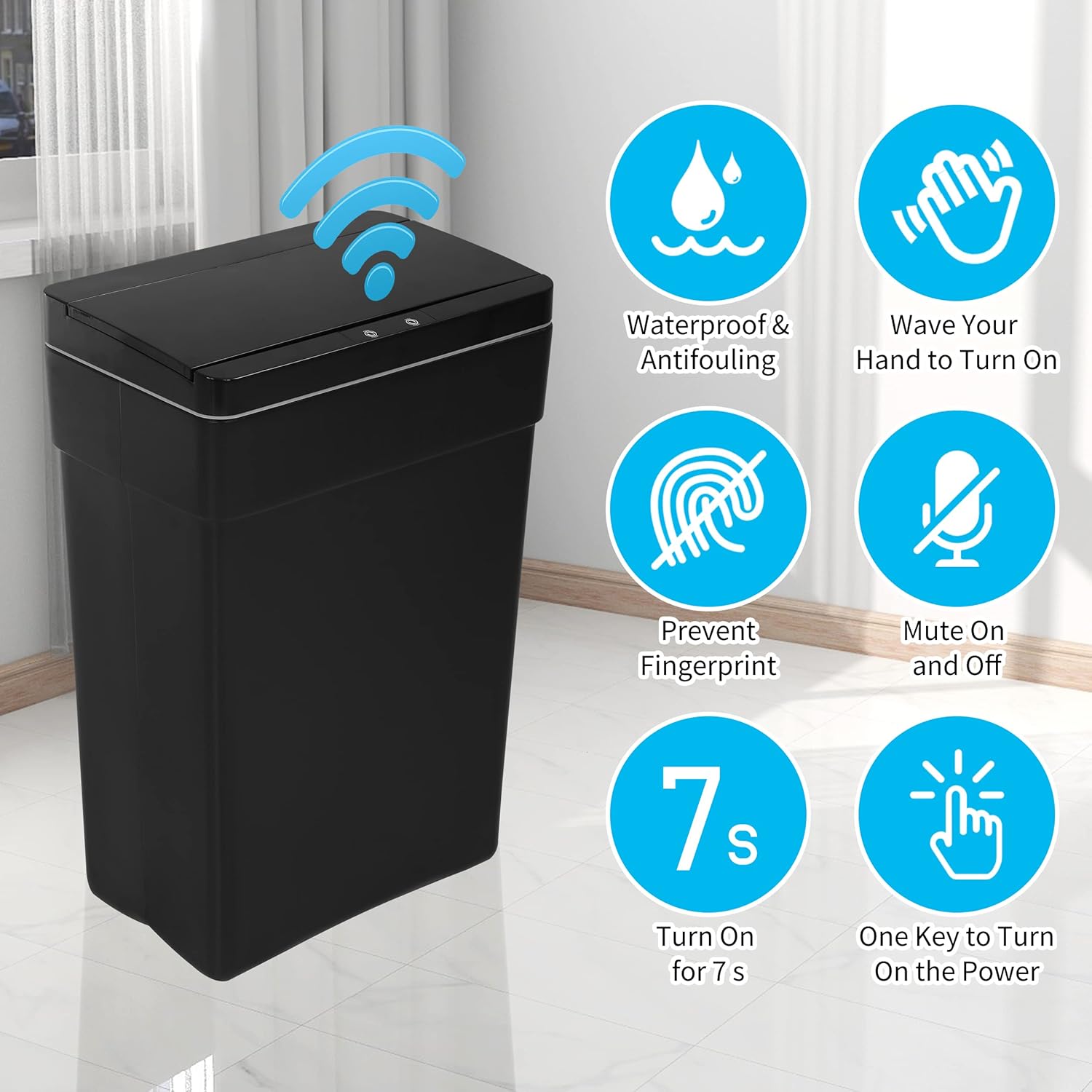 BLKMTY Bote de basura de 13 galones de 50 litros para cocina con tapa, cubo de basura de plástico automático, sin contacto, para oficina, baño,