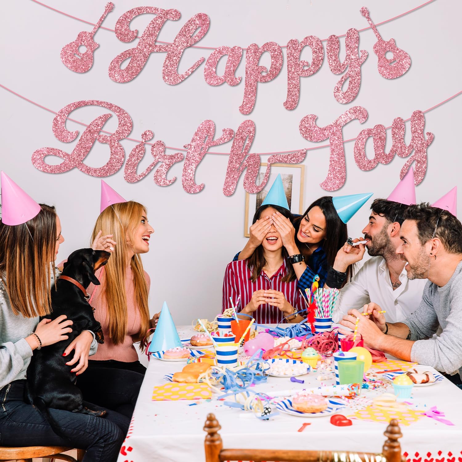 Decoraciones de cumpleaños, pancarta de feliz nacimiento, pancarta de cumpleaños sin bricolaje, decoración de feliz nacimiento de oro rosa con