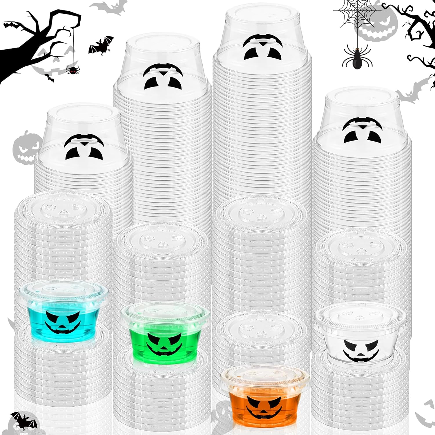 150 vasos de gelatina de 2 onzas con tapas, divertido diseño de Jack O Lantern para Halloween, Navidad, Acción de Gracias, despedida de soltera