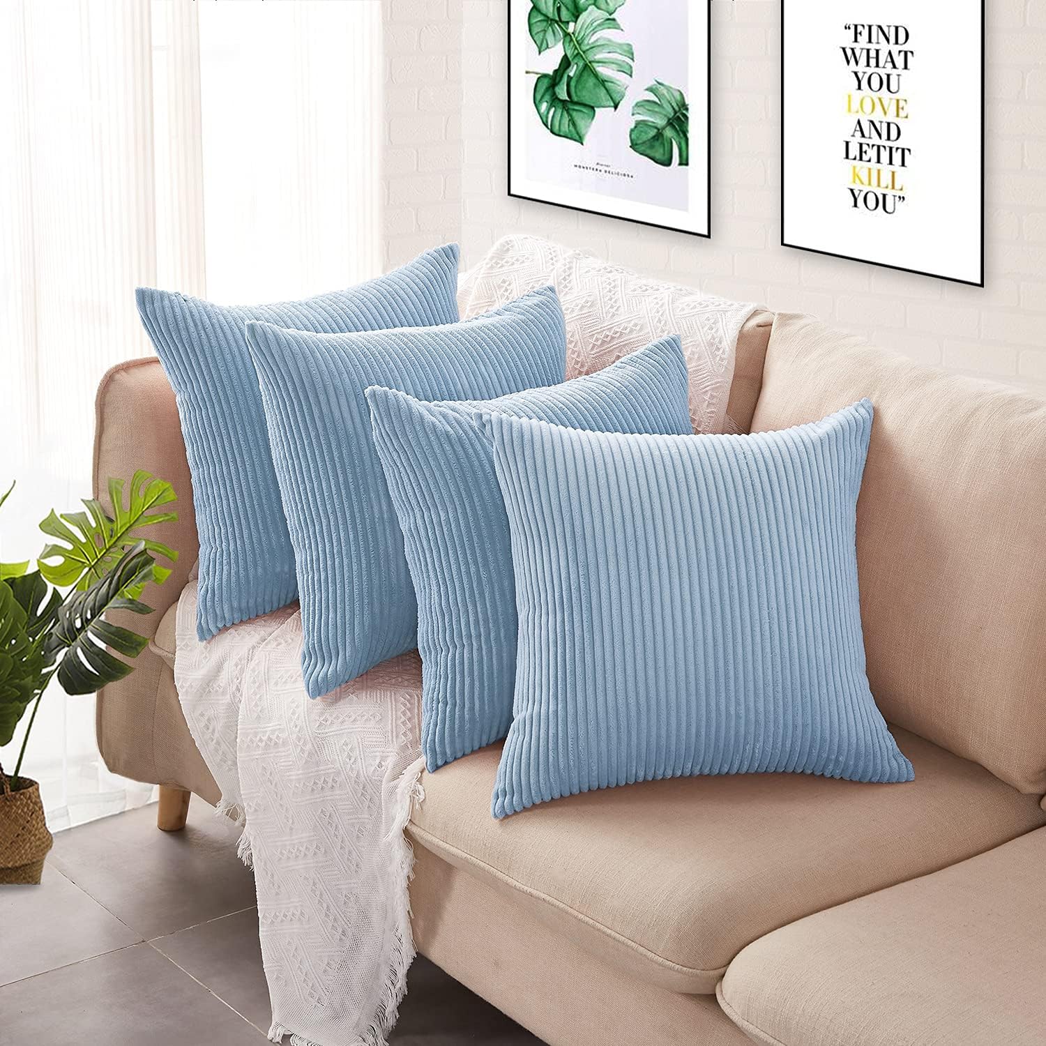 4 fundas de almohada de 20 x 20 pulgadas, funda de cojín, funda de almohada cuadrada decorativa para sofá, dormitorio, 20 x 20 pulgadas, color azul.