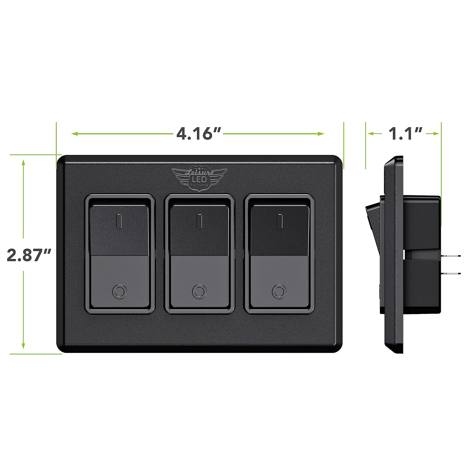 Leisure LED Moderno interruptor de encendido y apagado triple SPST con bisel, 12 voltios, para RV, remolque, cámper, con etiqueta adhesiva (negro)
