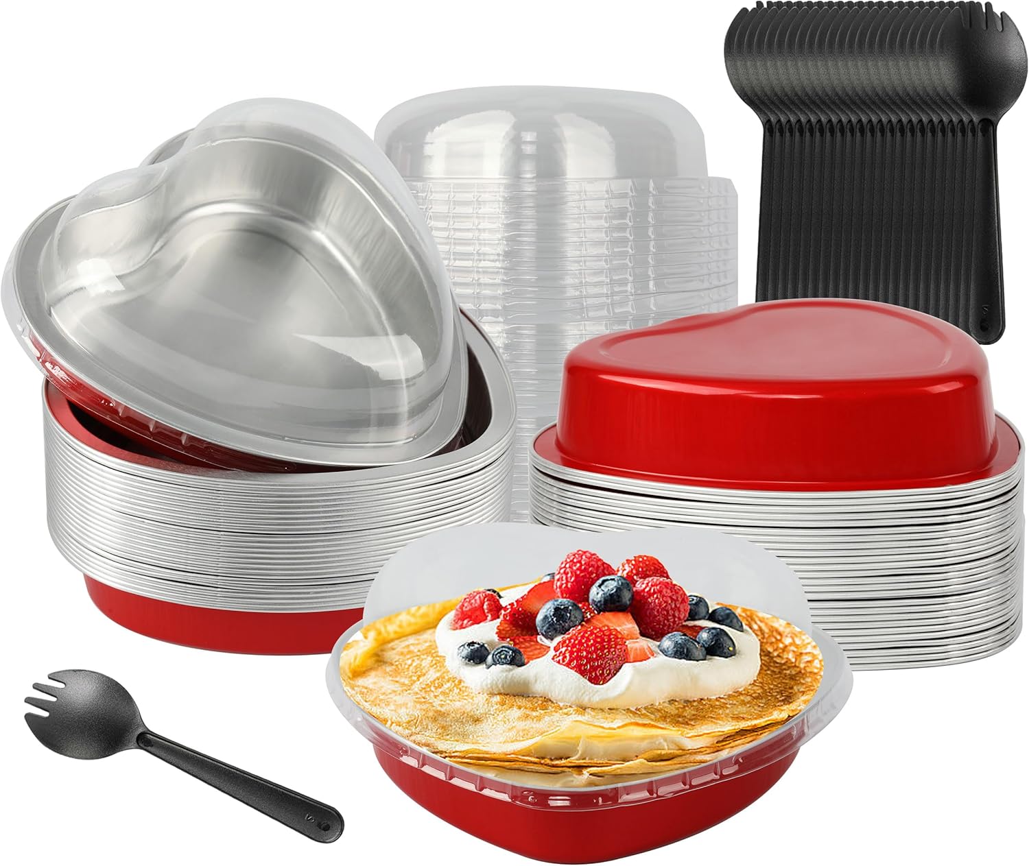 Sartenes de aluminio con tapa de corazón, 30 forros para cupcakes de 8.5 onzas con tapas, tazas desechables de papel de aluminio para pasteles con