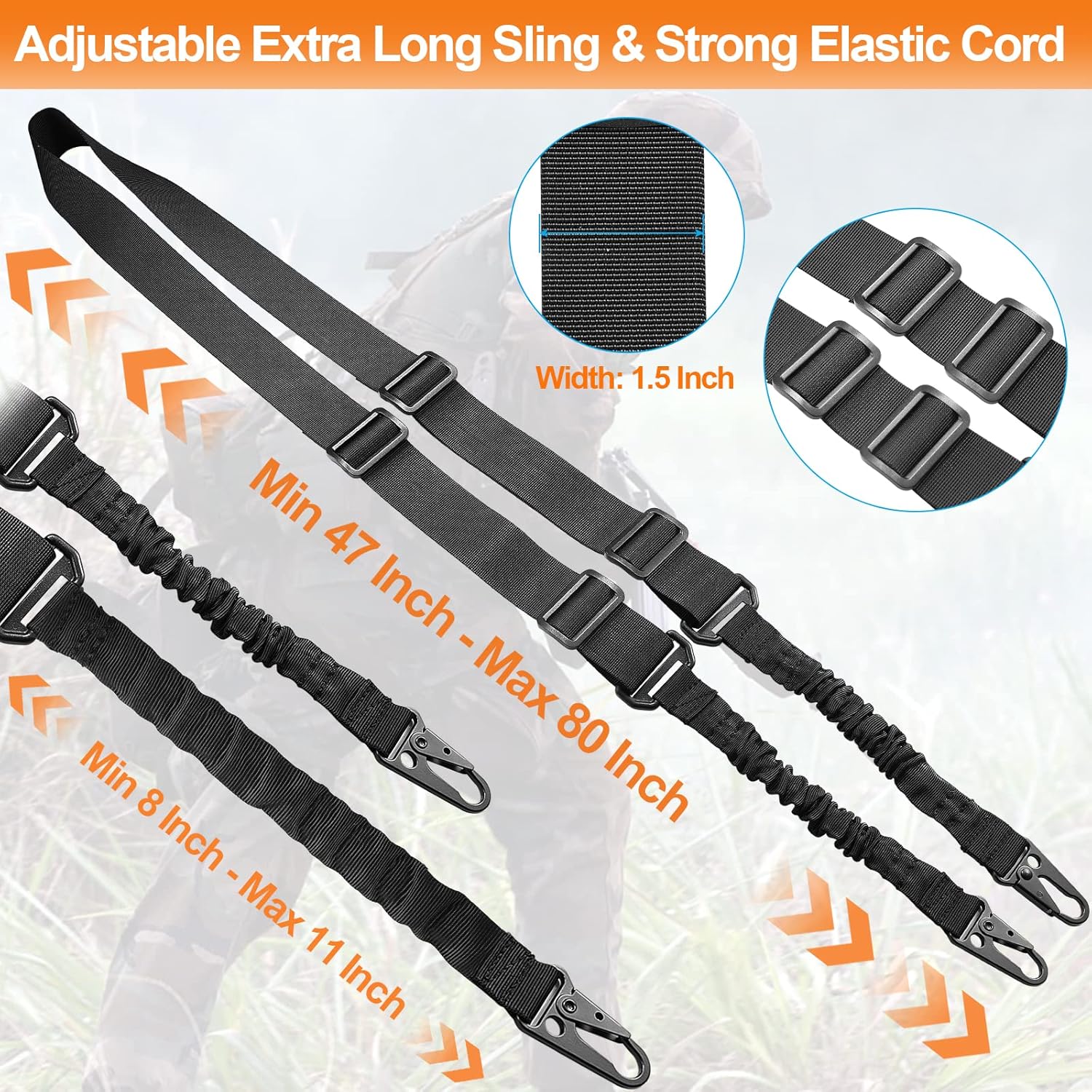 Eslinga QD tradicional de dos puntos con almohadilla para el hombro, ajustable extra larga de 2 puntos tradicional QD – 1 paquete