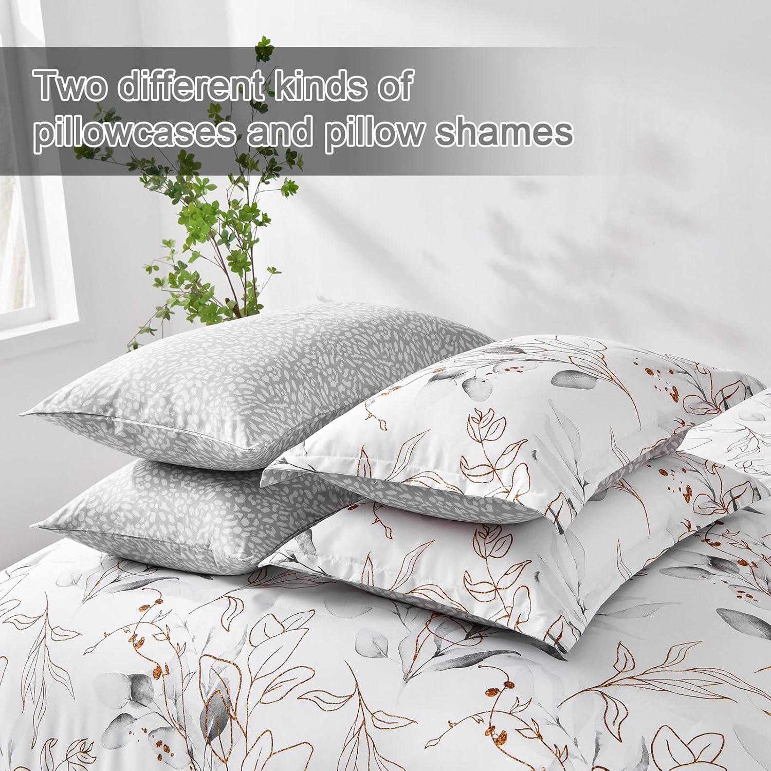 WONGS BEDDING Juego de edredón botánico de 7 piezas, tamaño matrimonial, diseño floral reversible en una bolsa, color gris y dorado con hojas (1