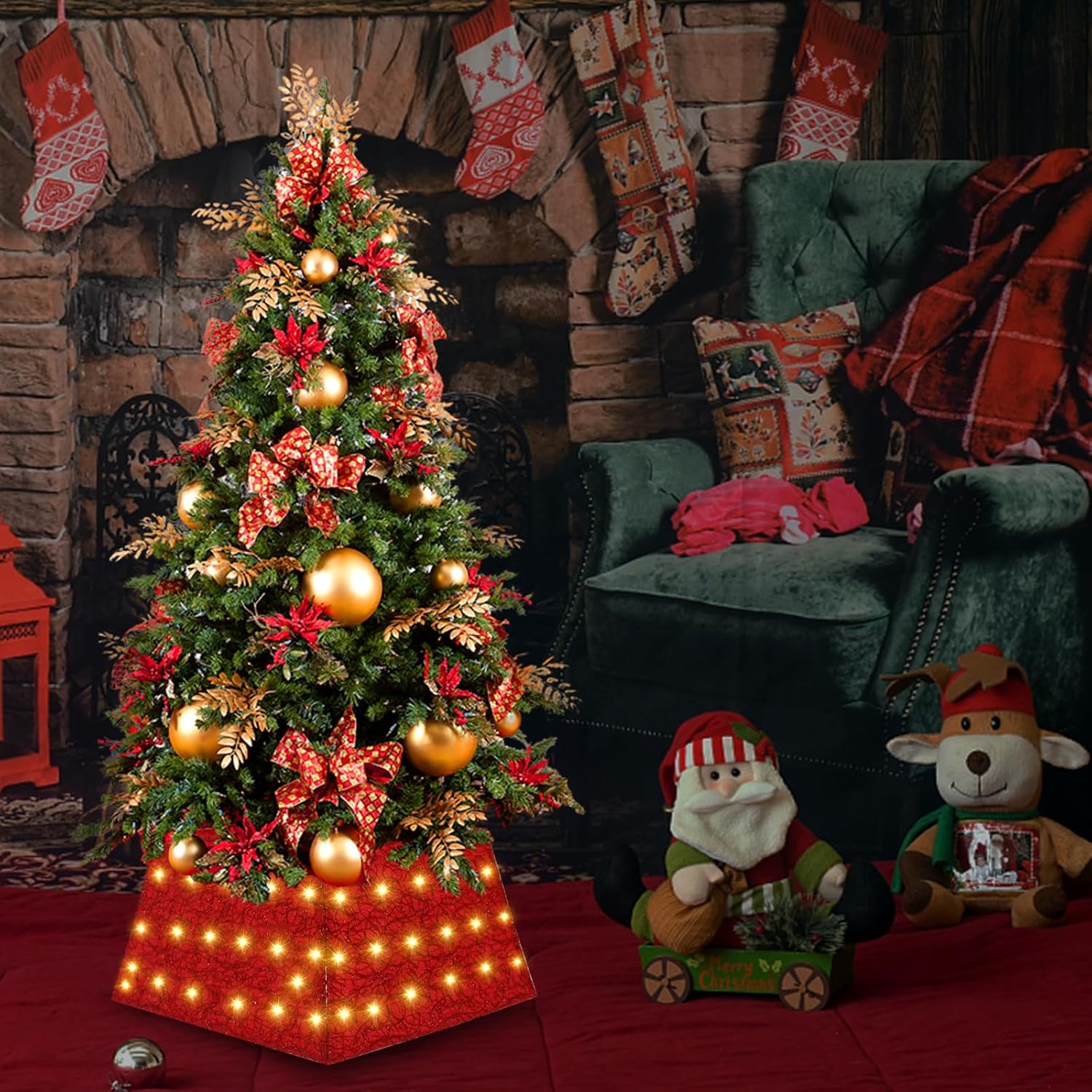 Anycosy Collar de árbol de Navidad con 70 luces LED, anillo de árbol de Navidad alimentado por batería con 8 modos y temporizador para fiesta de