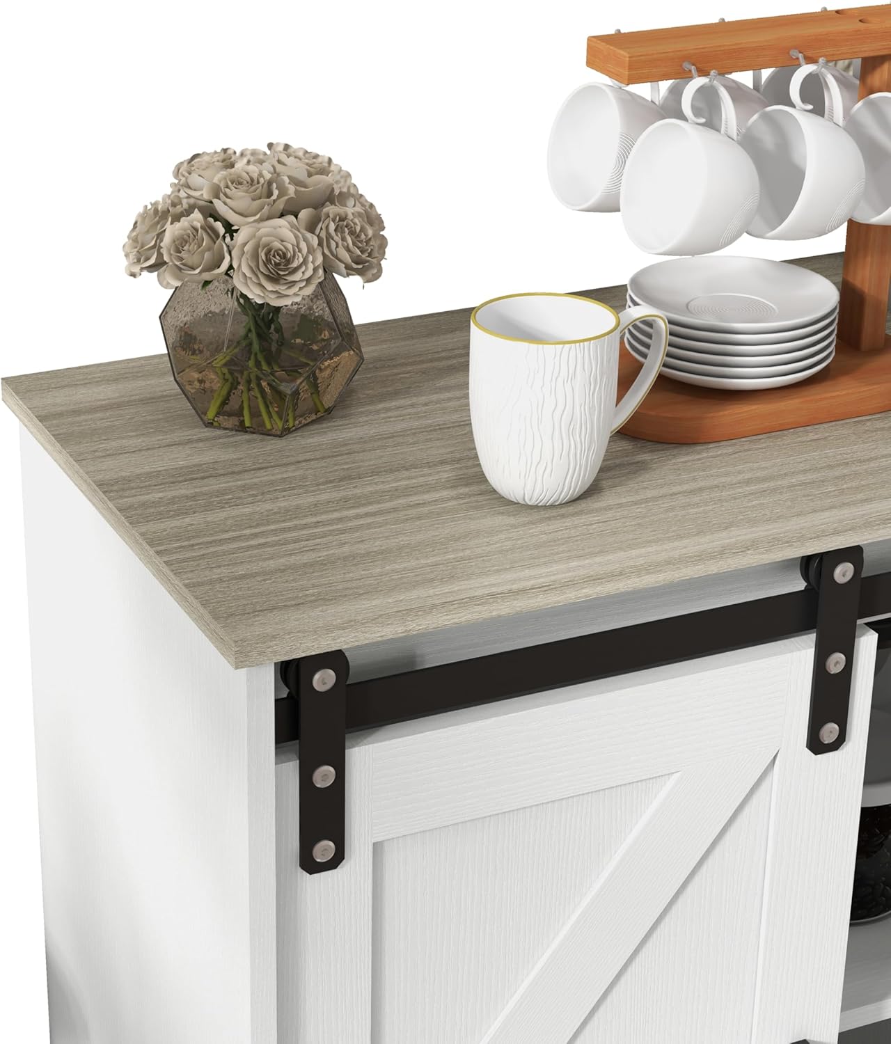 Panana Aparador con puerta corrediza de granero, aparador de buffet, gabinete de almacenamiento, cafetería, cocina, estilo granja (gabinete blanco