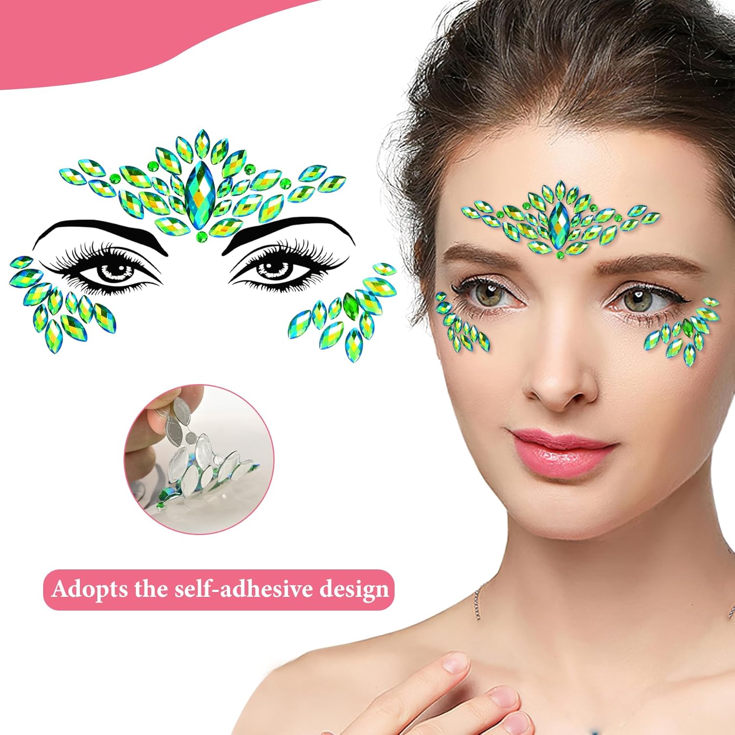 12 juegos de joyas para la cara, diamantes de imitación de sirena para tatuajes temporales, joyas corporales, calcomanías de cristal, gemas faciales