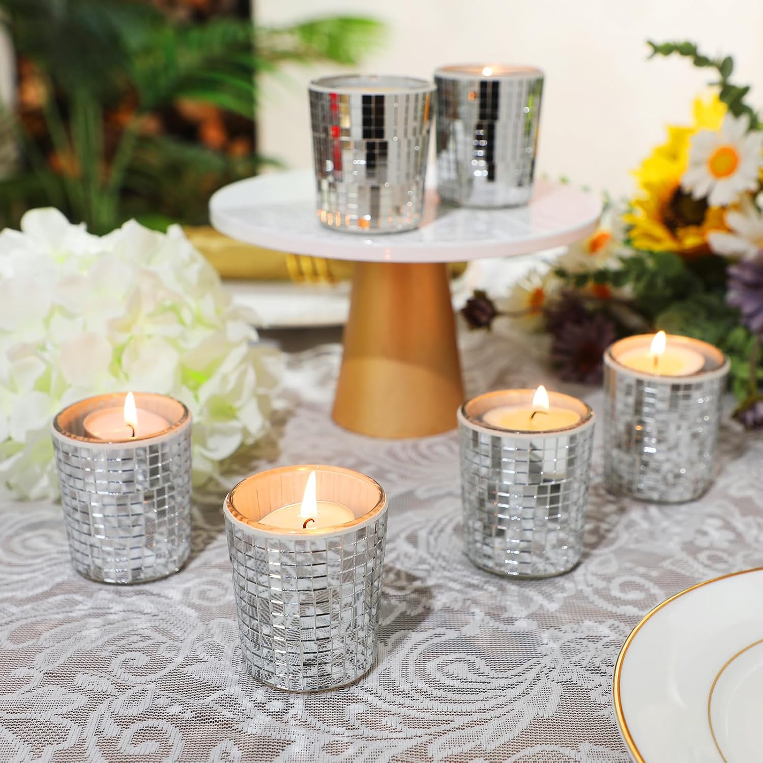 12 velas votivas de bola de discoteca plateadas, jarrón de bola de discoteca para centro de mesa, espejo de cristal, portavelas de bola de discoteca