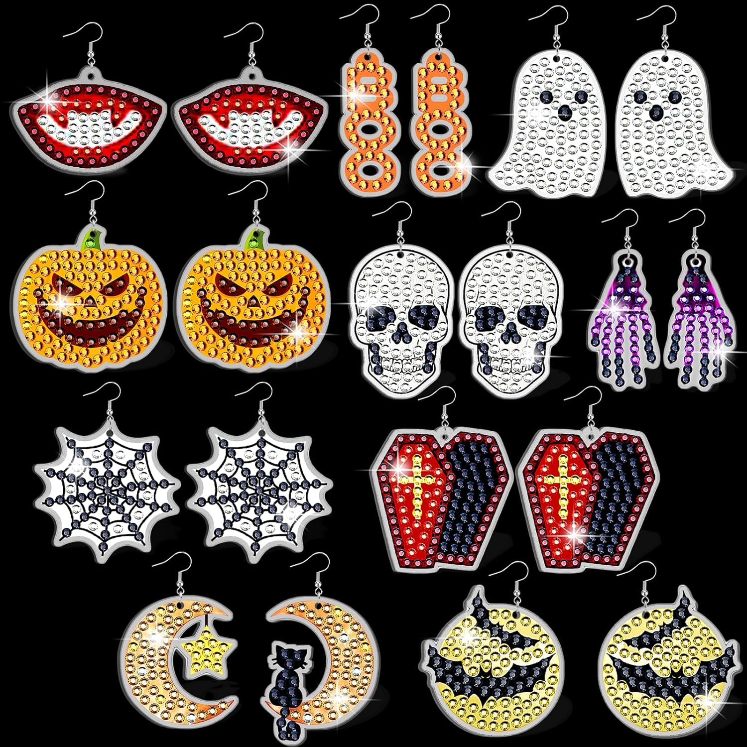 BSRESIN 20 piezas de pintura de diamantes de Halloween, aretes de pintura de diamantes, manualidades de Halloween para adultos, suministros de arte