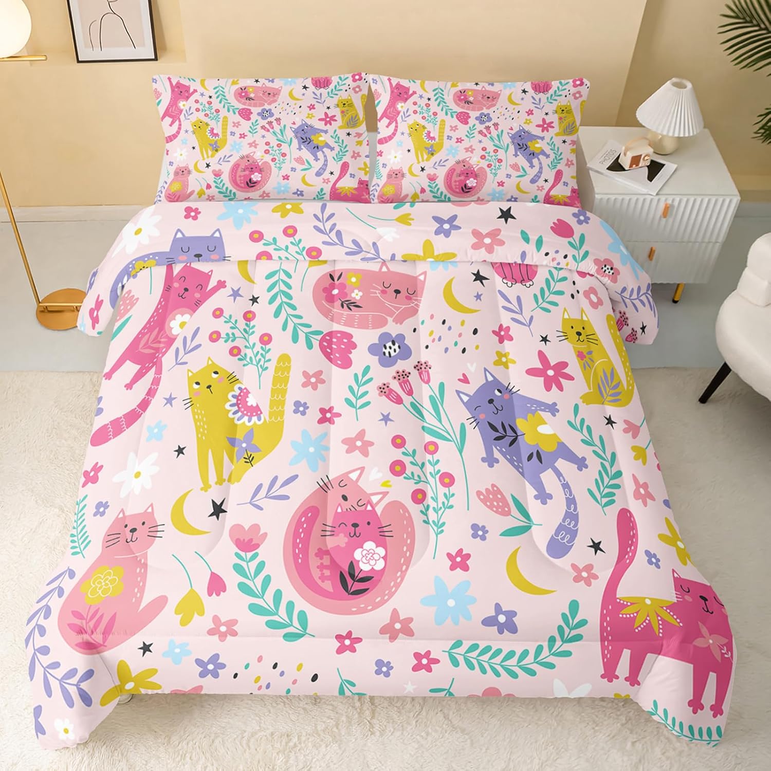 QOOMO Juego de edredón floral de gato tamaño Queen, juego de edredón de gato rosa para niños, adolescentes y niñas, juego de ropa de cama de 3