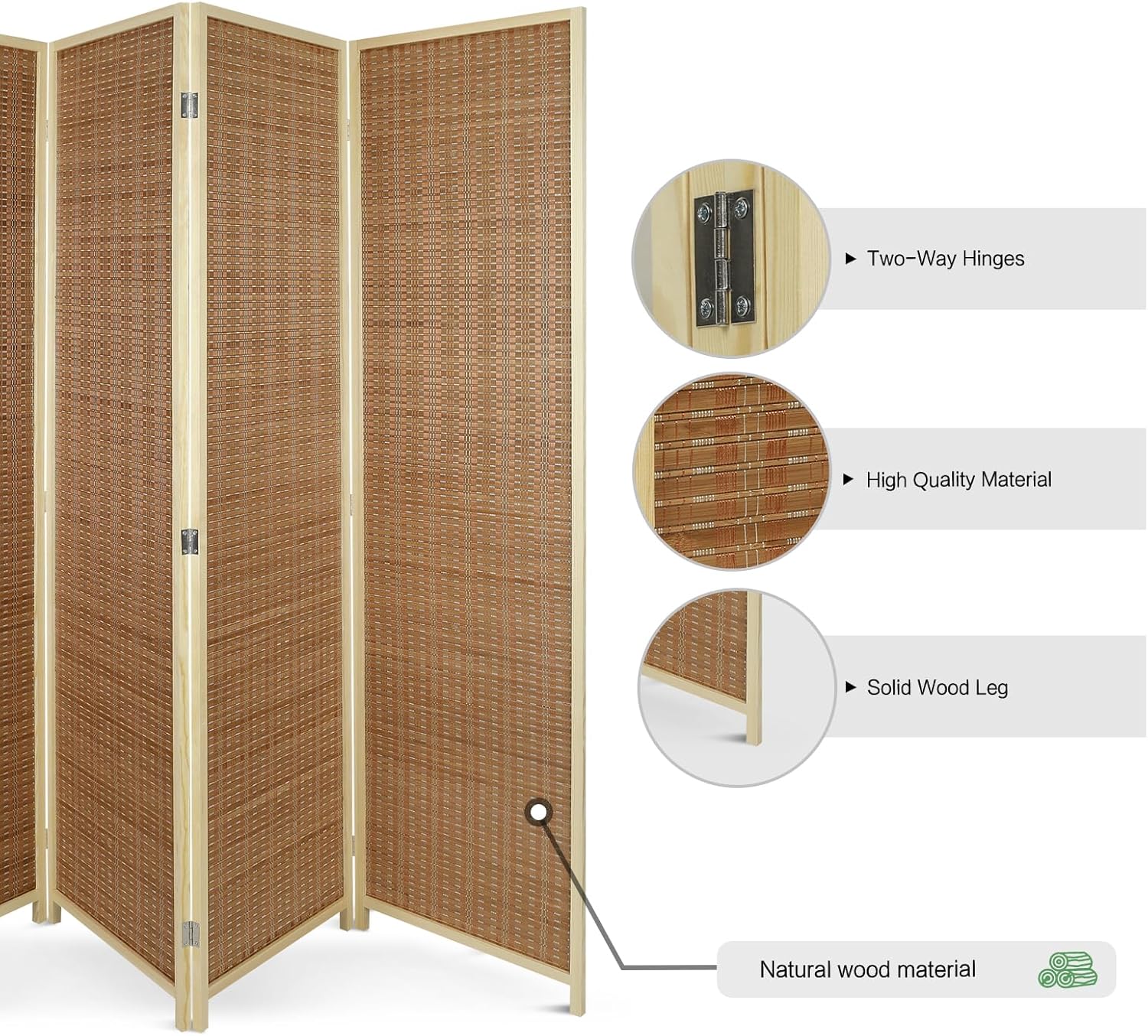 ECOMEX Divisor de habitación de 4 paneles, pantallas de privacidad plegables, divisor de bambú independiente, divisor de partición para separación