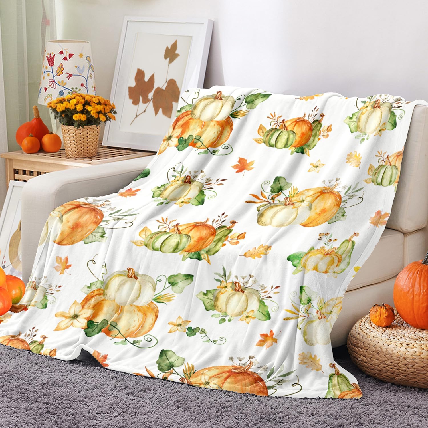 Tupmnbry Manta de otoño de calabaza, decoración de Acción de Gracias, manta de hojas de otoño, manta de franela súper suave para cama, sofá y