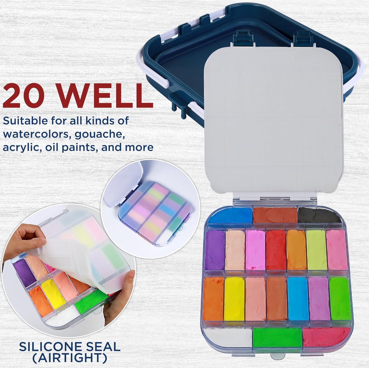 DUGATO Caja de paleta de almacenamiento de pintura hermética de 20 pocillos  Caja grande de contenedor de pintura de 9.4 x 10.5 x 3.9 pulgadas con