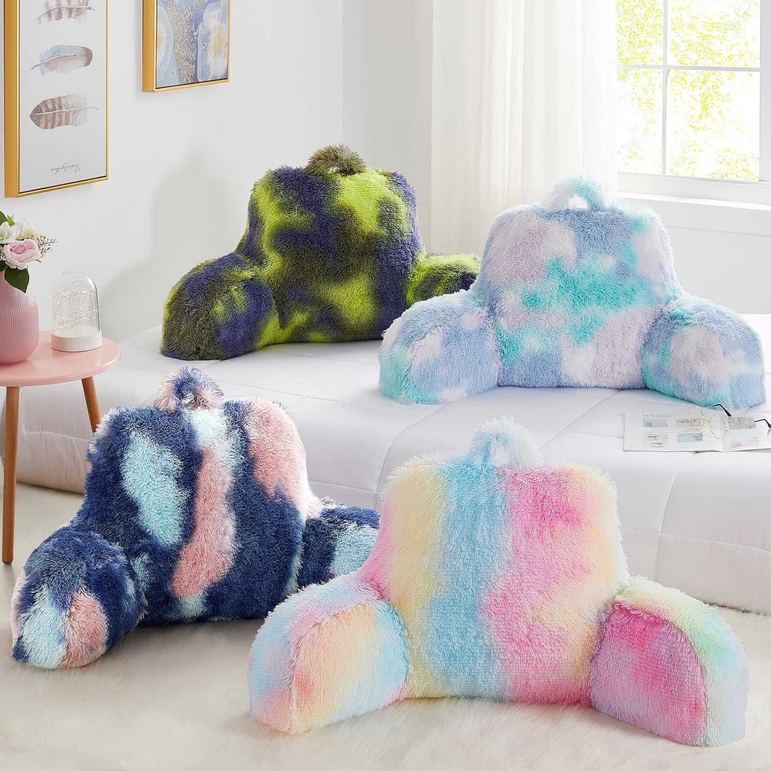 Almohada de lectura para cama, almohada de respaldo de piel sintética con brazos, almohadas de lectura y reposo en cama, colores del arcoíris,