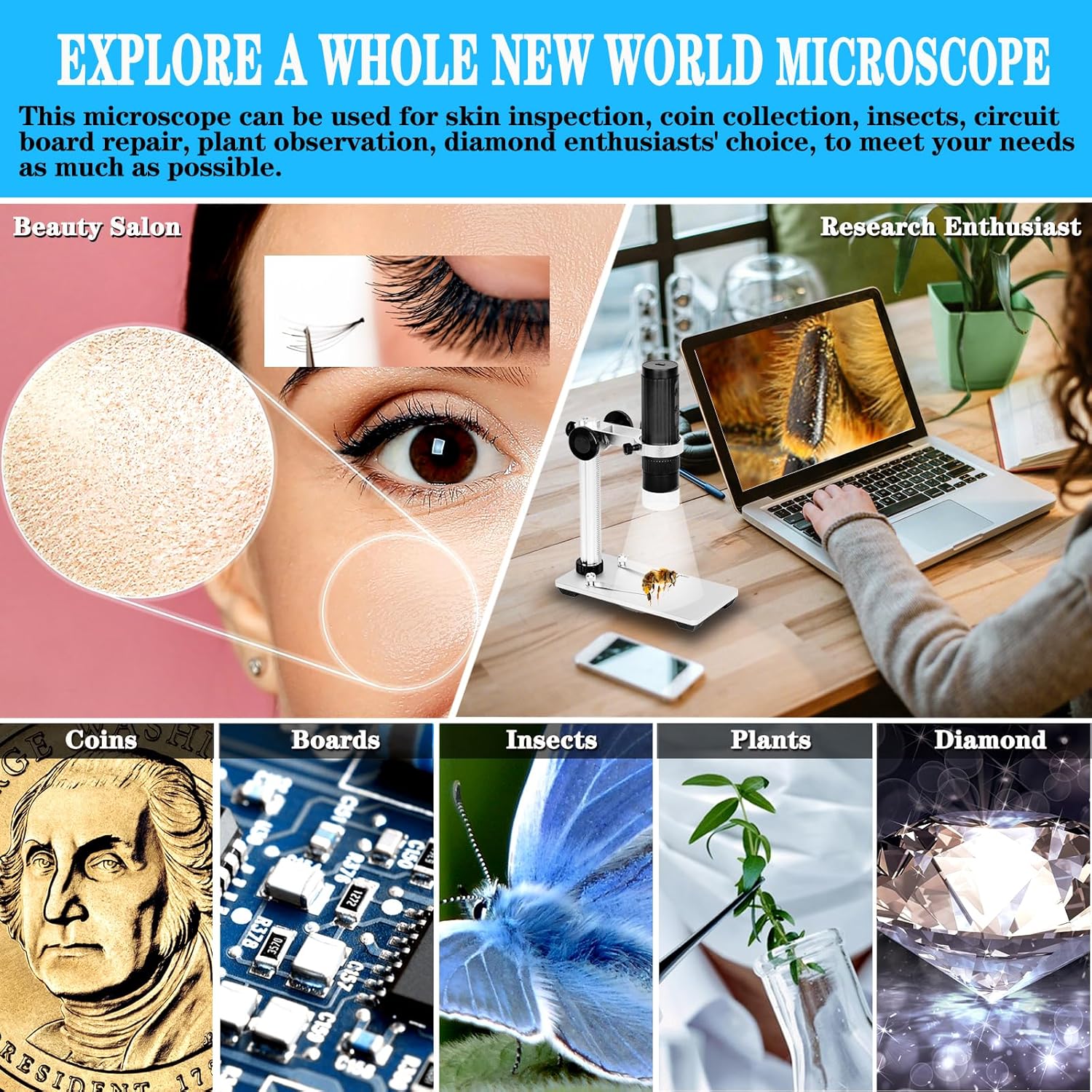 Microscopio digital inalámbrico, aumento 50X-1000X, cámara de microscopio USB de mano con soporte de actualización sin agitación, 8 luces LED