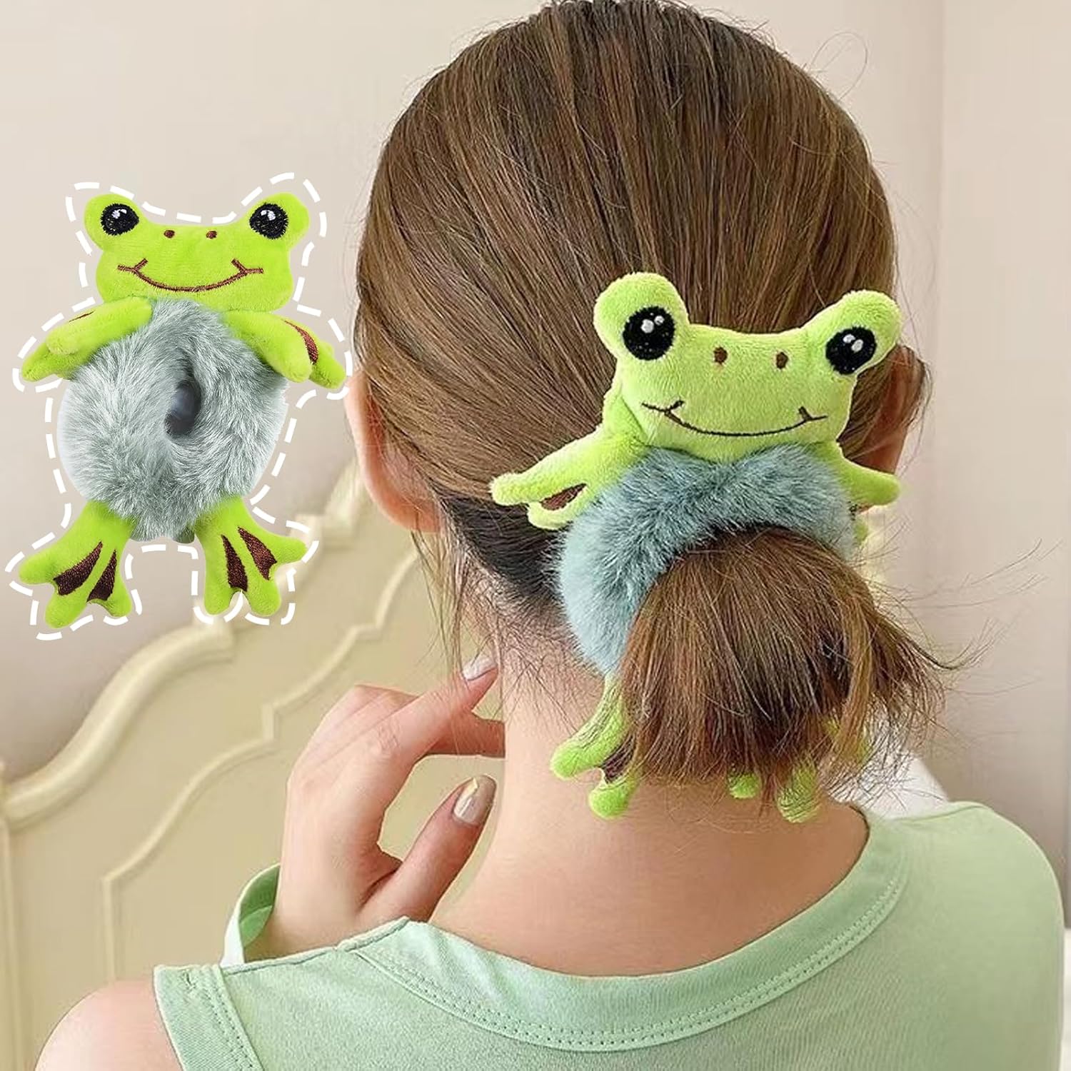 Lazo de pelo de felpa con forma de rana verde, cuerda de pelo de felpa para cola de caballo de rana, coleteros para niñas, para maquillaje, ducha,