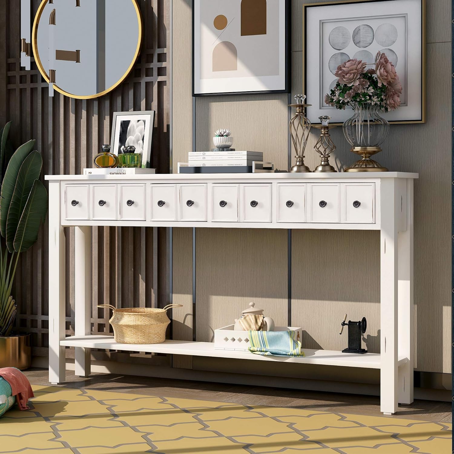 MERITLINE Mesa de entrada larga de madera retro de 60 pulgadas con cajones de almacenamiento, mesa consola estrecha detrás del sofá mesa decorativa