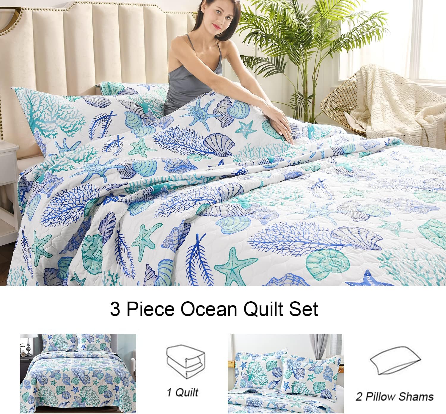 Ycosy Juego de edredón de playa costera de 3 piezas, tamaño matrimonialqueen, juego de ropa de cama con temática oceánica, color azul y verde,