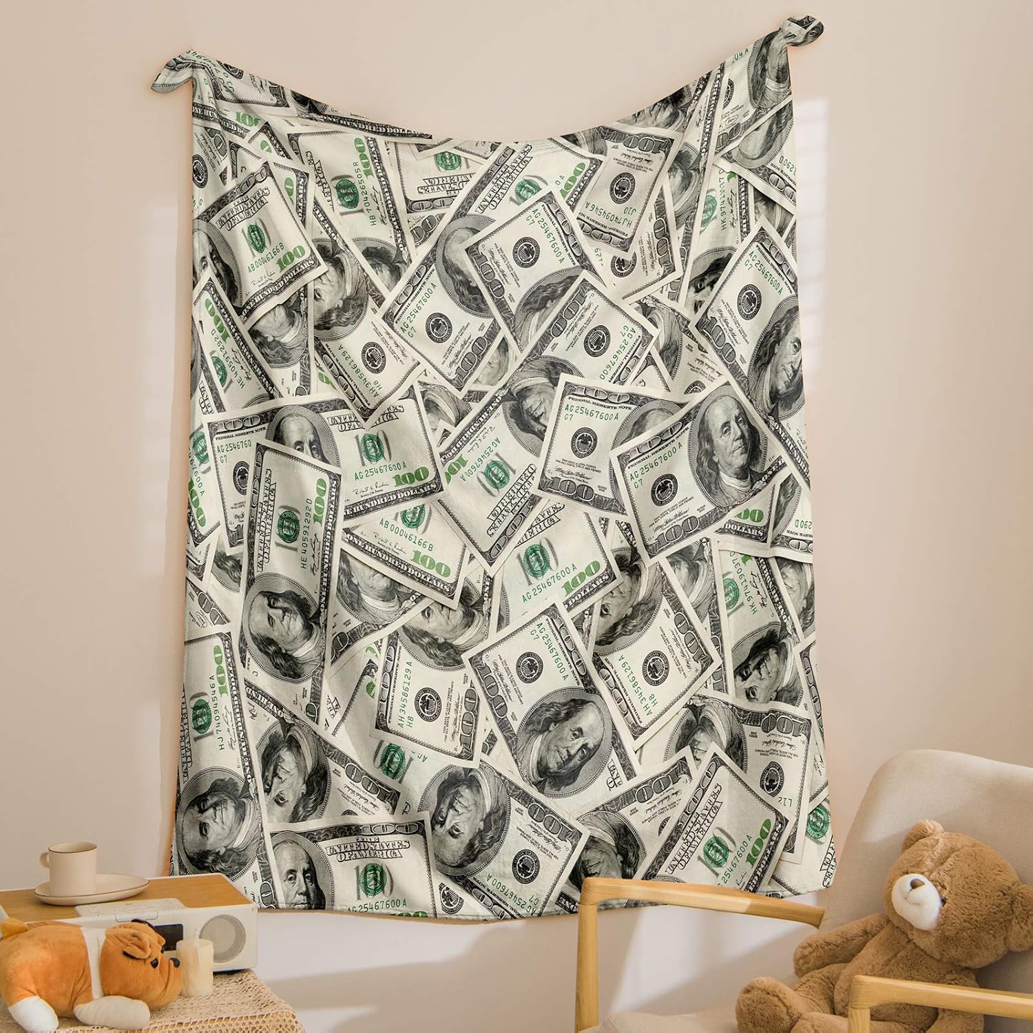 Manta de dinero, manta de franela con temática de riqueza, manta suave y mullida para dormitorio, sofá (50 x 60 pulgadas), dólar