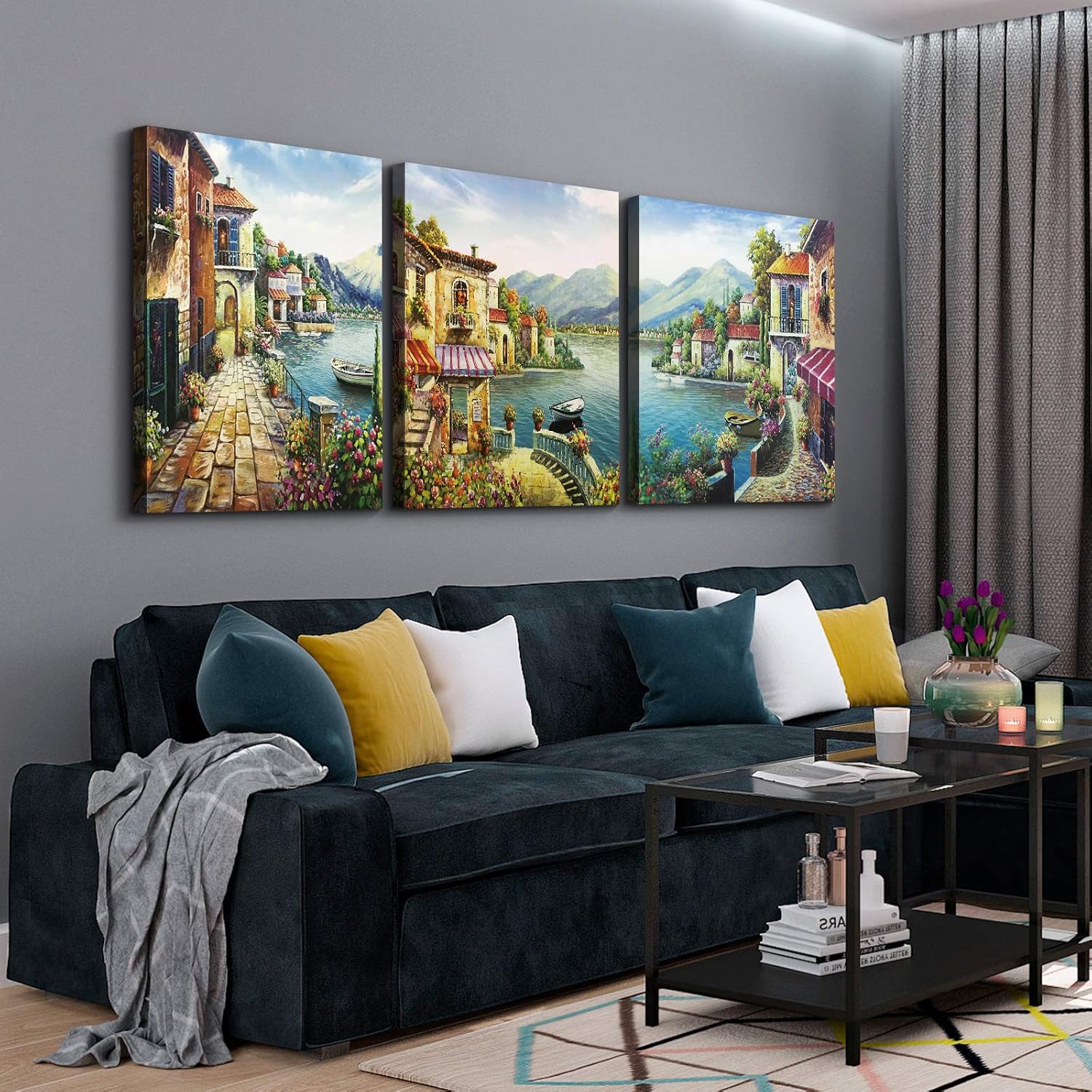 Denozer Lienzo decorativo para pared, lienzo de ciudad europea, 3 piezas, arte de pared con flores costeras, pintura de reproducción para oficina,
