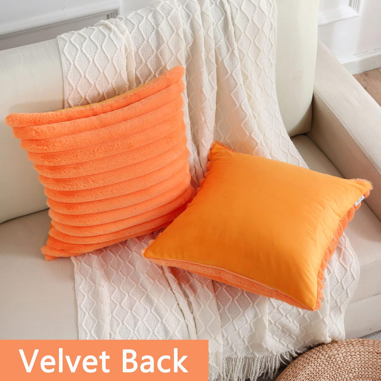 FUTEI – Juego de 2 fundas de almohada decorativas con rayas de color naranja, 14 x 14 pulgadas, cuadradas y primaverales, piel sintética de conejo