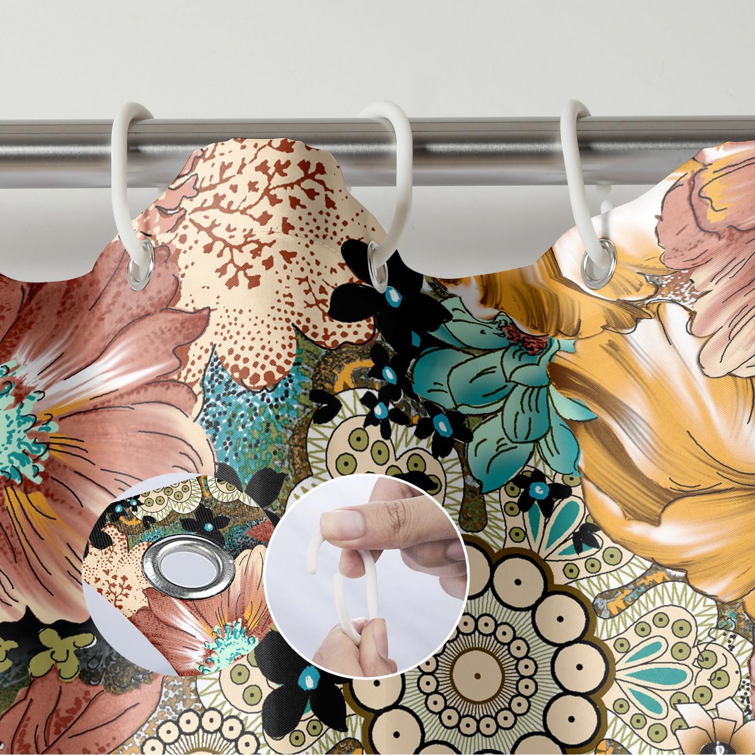 Cortina de ducha con diseño floral bohemio, elegante y bohemio, cortina de ducha de tela impermeable con 12 ganchos, 72 x 72 pulgadas