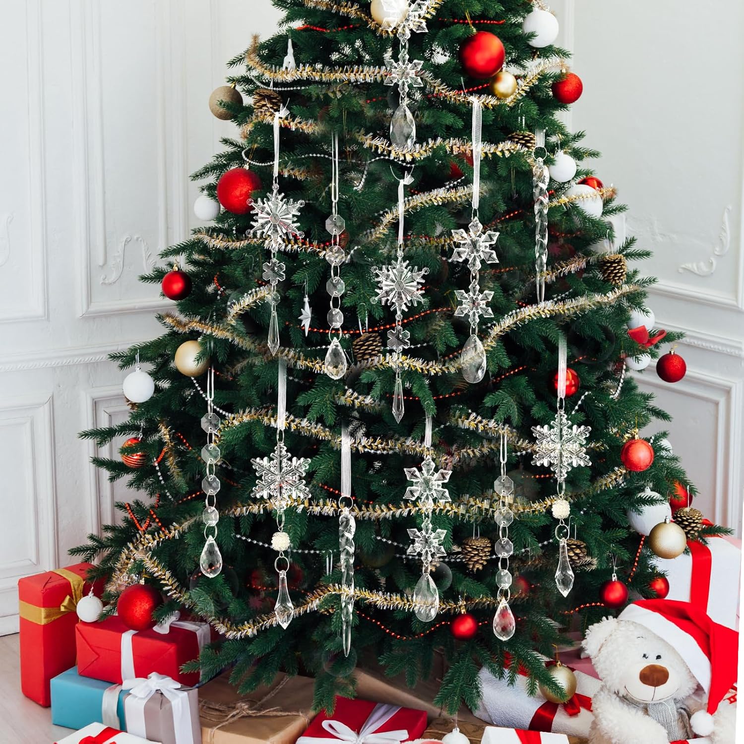 Soaoo 36 adornos de Navidad de cristal para decoración de árbol de Navidad, carámbano acrílico de copo de nieve con colgantes de gota, decoración de