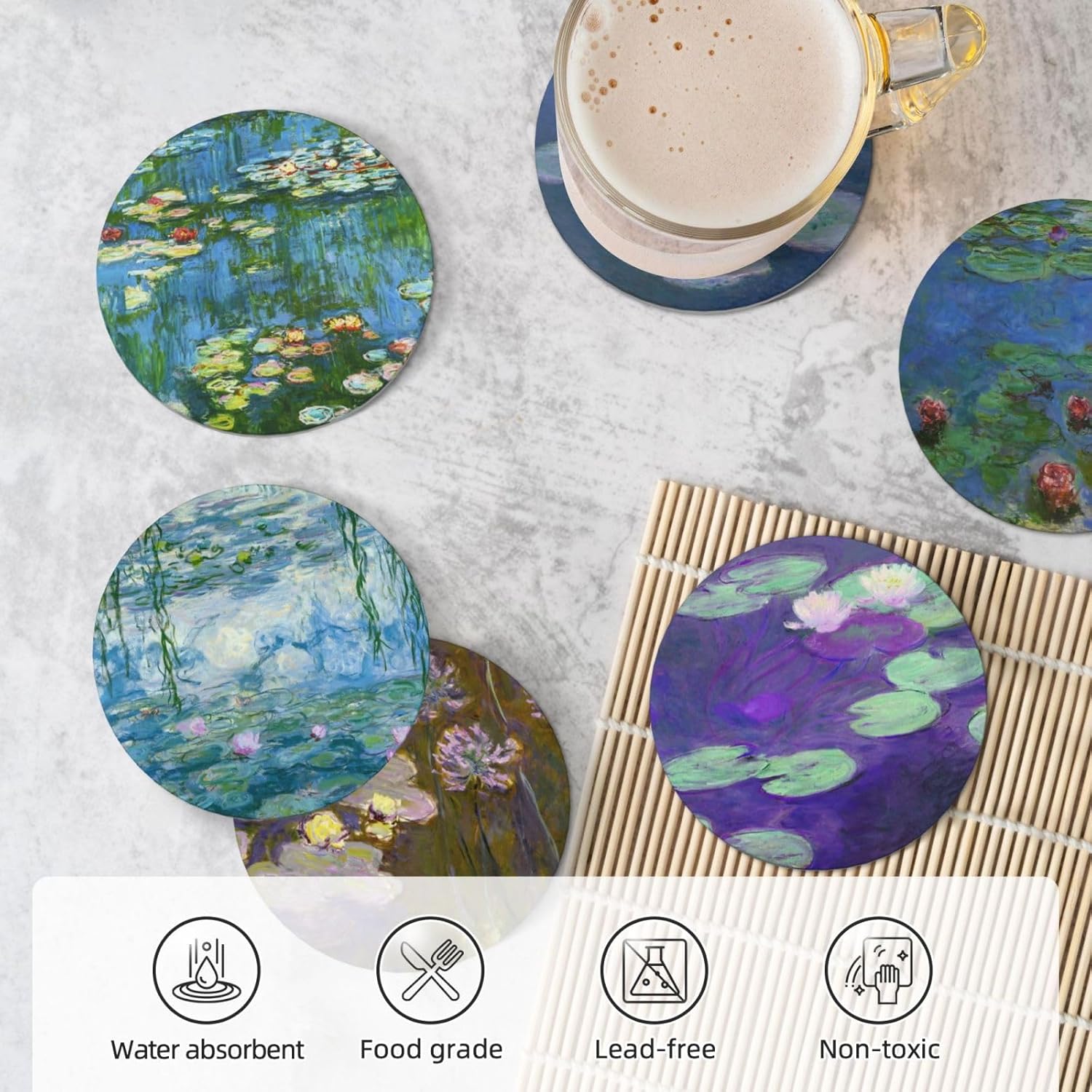 Juego de posavasos de cerámica para bebidas con base de corcho, utiliza 6 pinturas famosas de Claude Monet, regalos únicos de inauguración de la