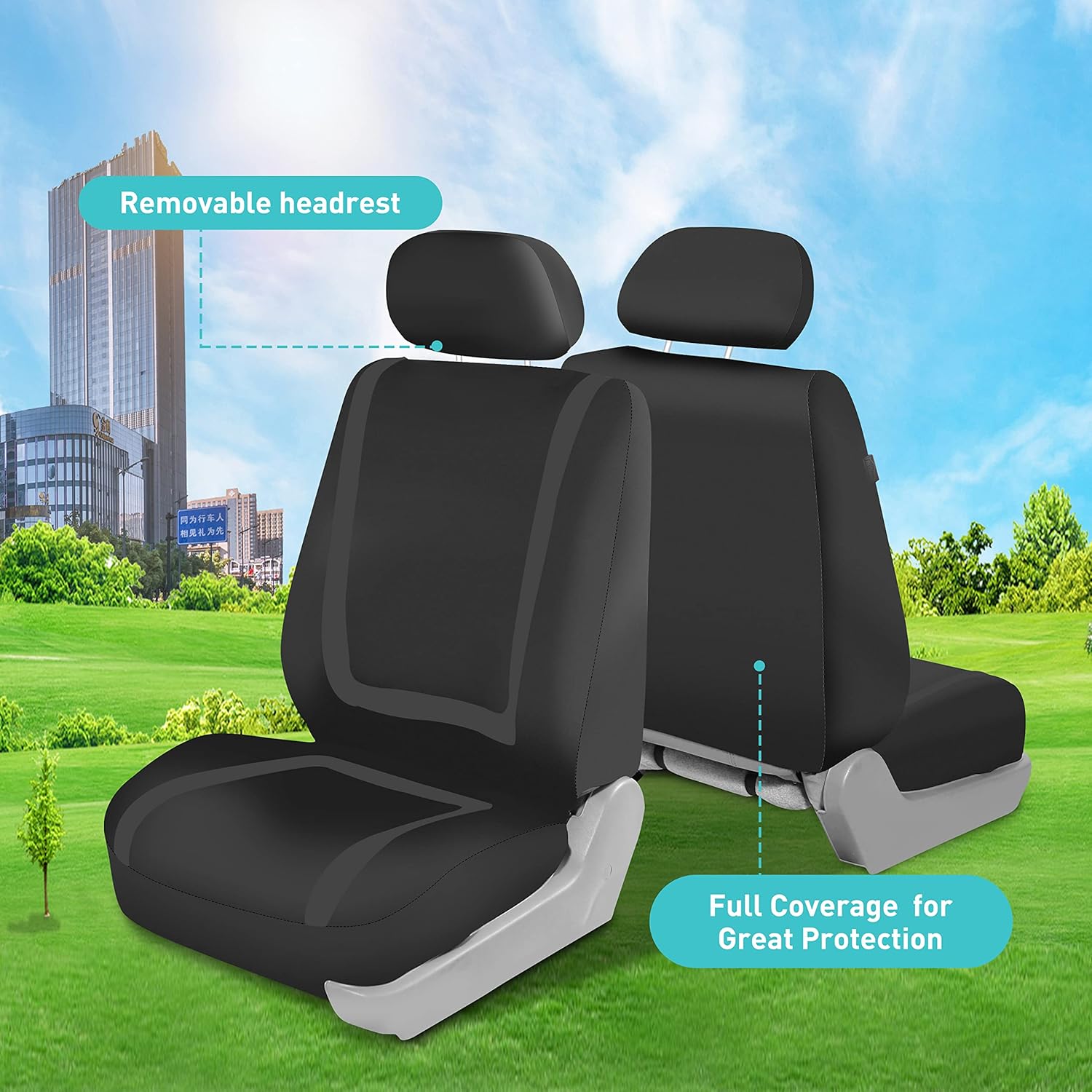 FH Group – Juego completo de fundas de asiento de automóvil, de tela negra, ajuste universal, de asiento delantero de respaldo bajo y de asiento