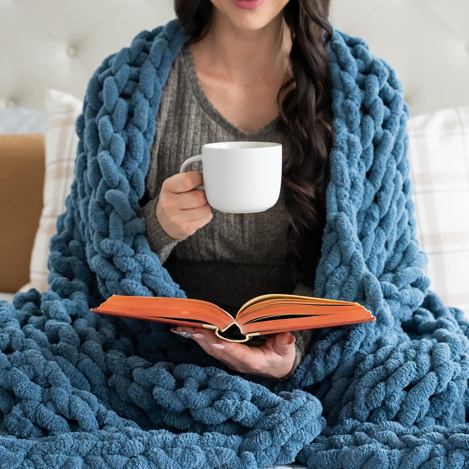 SAMIAH LUXE Manta de punto grueso de 50 x 30 pulgadas, manta de punto grueso de felpilla azul para decoración de sala de estar o decoración bohemia,