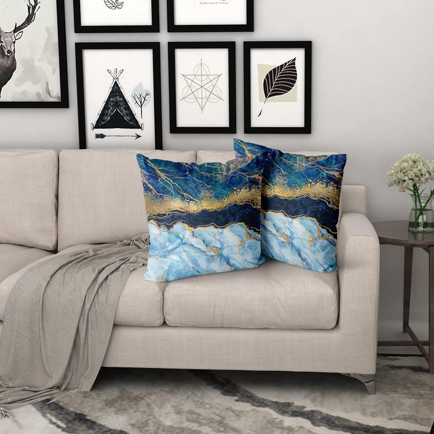 Kawani Juego de 2 fundas de almohada azul marino de 18 x 18 pulgadas, fundas de almohada de mármol abstracto dorado y verde azulado, turquesa,
