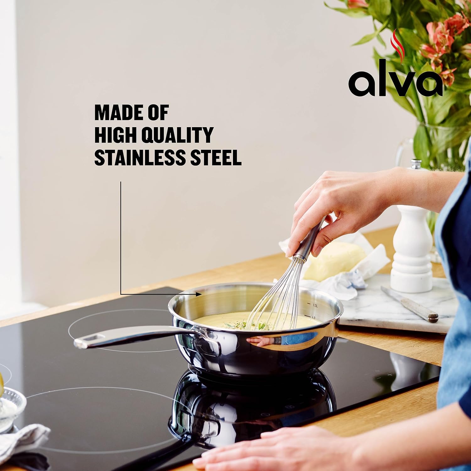 Alva Maestro – Sartén de acero inoxidable para salsa, cacerola apta para horno para cocinar, olla pequeña para sopa con tapa, utensilios de cocina