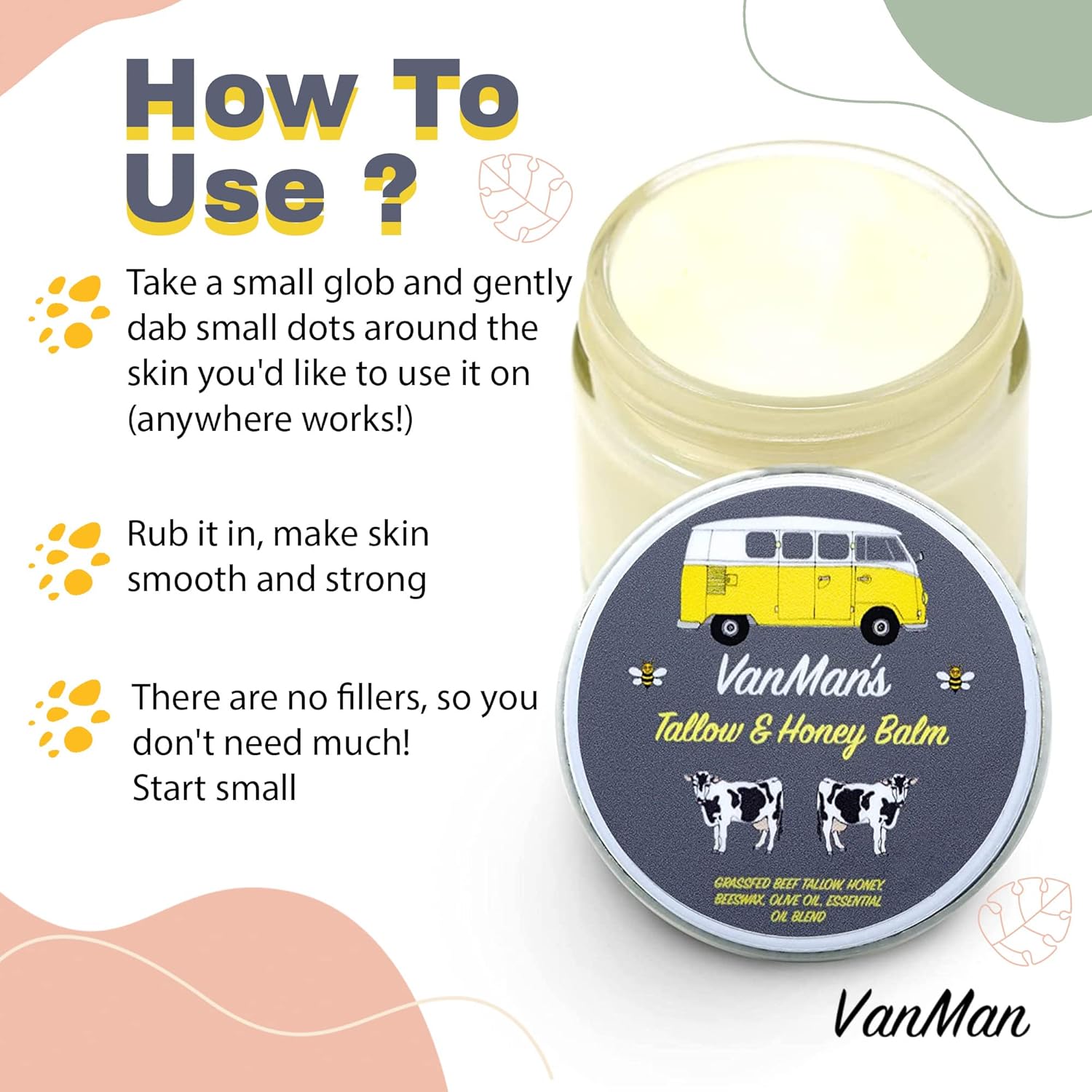Vanmans Tallow and Honey Balm (2 onzas)  Paquete de 3  Bálsamo de miel alimentado con hierba de ternera con vitaminas A, K, D, E y aceites
