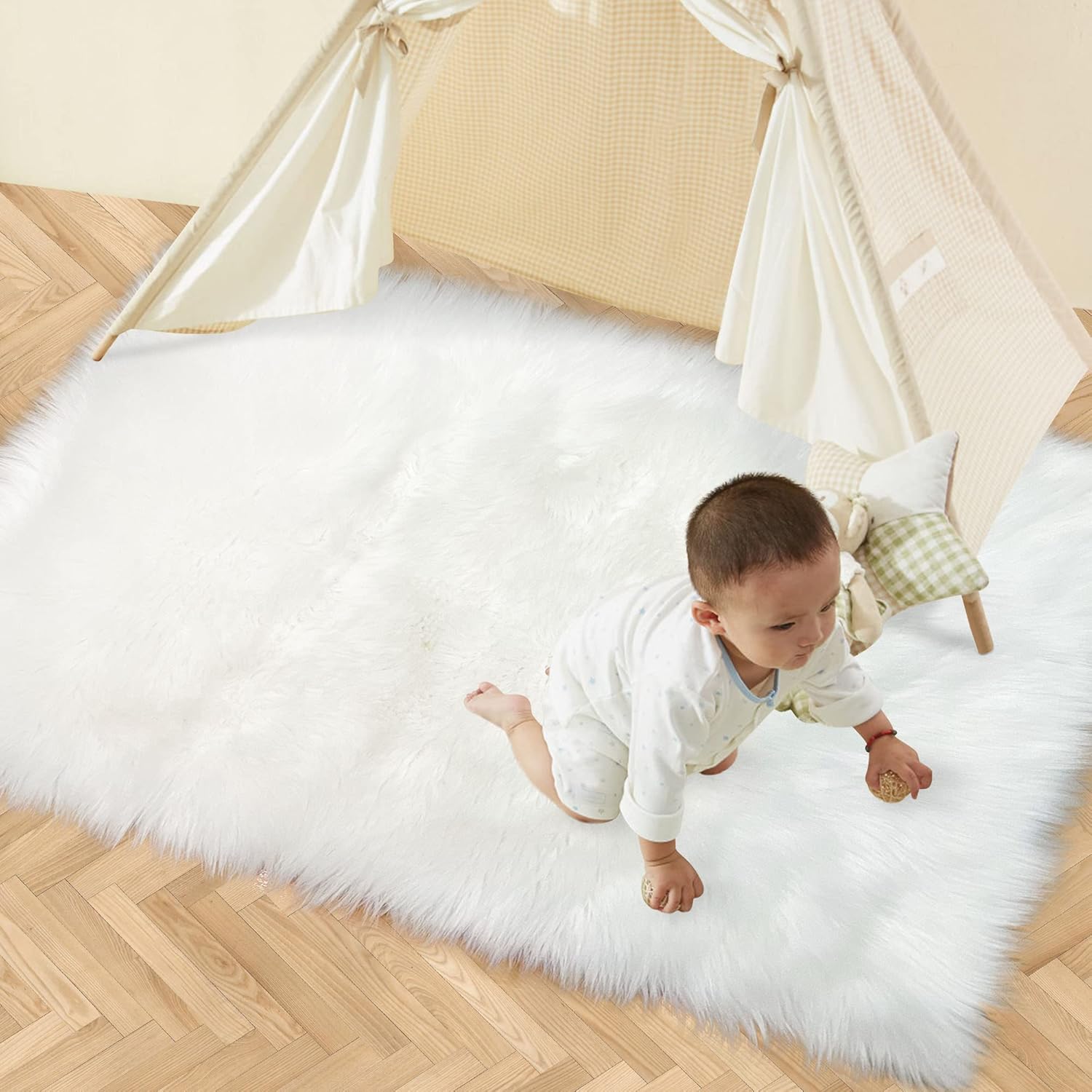 Alfombra blanca de piel sintética de 3 x 5 pies, suave y esponjosa para dormitorio, sala de estar, habitación de los niños, decoración de guardería,