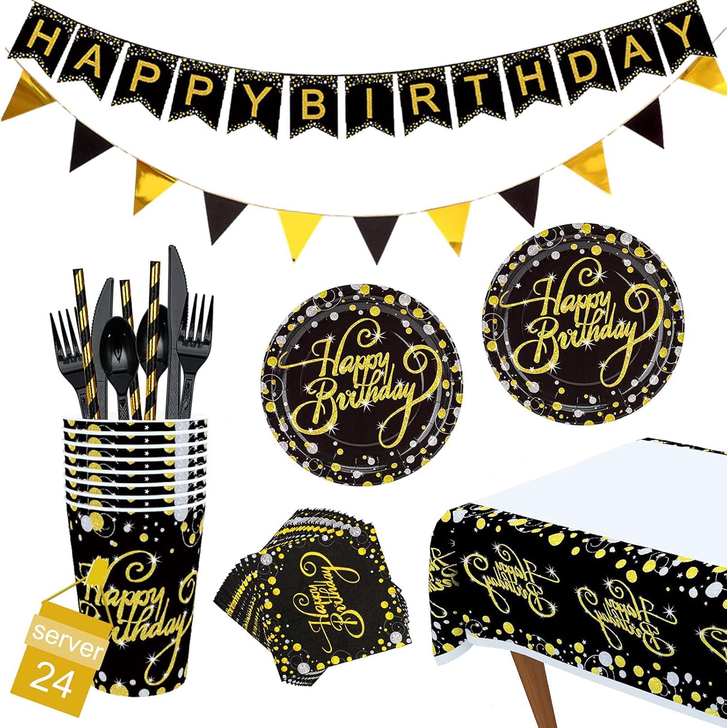 CrzPai Suministros de fiesta de cumpleaños negros y dorados, juegos de vajilla y servilletas para 24, juego de vajilla desechable con tenedores,