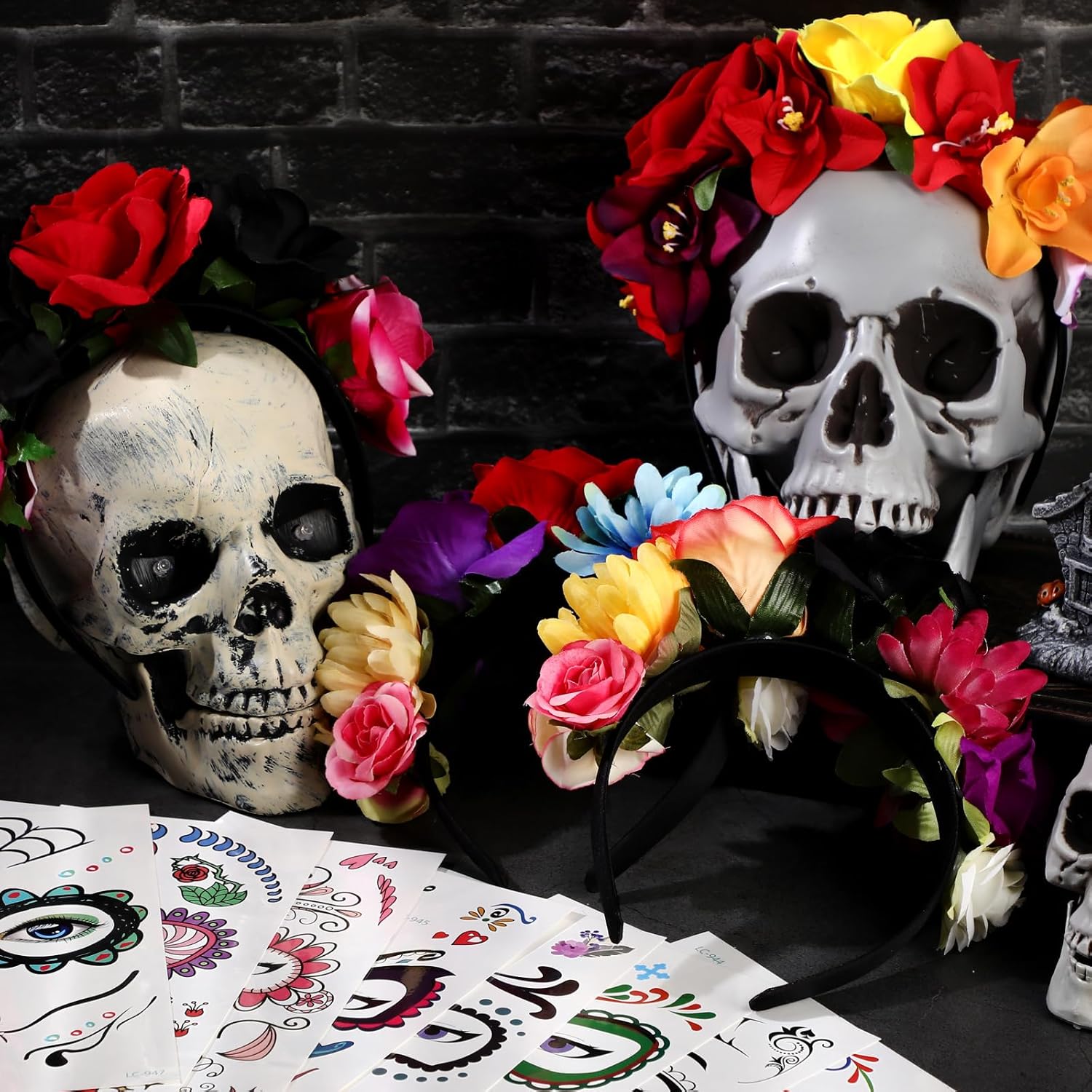 Maitys 4 piezas de tocado del Día de los Muertos, corona floral de rosas mexicanas y 8 hojas de calcomanías temporales de tatuaje de calavera floral