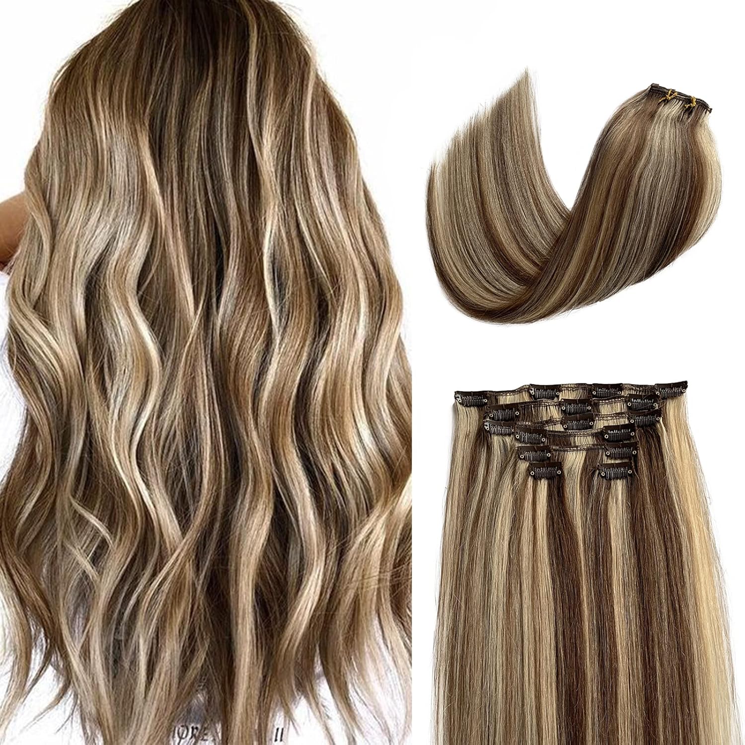 Extensiones de cabello humano real con pinzas, color marrón medio con rubio, extensiones de cabello humano Remy lacio y sedoso, 16 pulgadas, 7