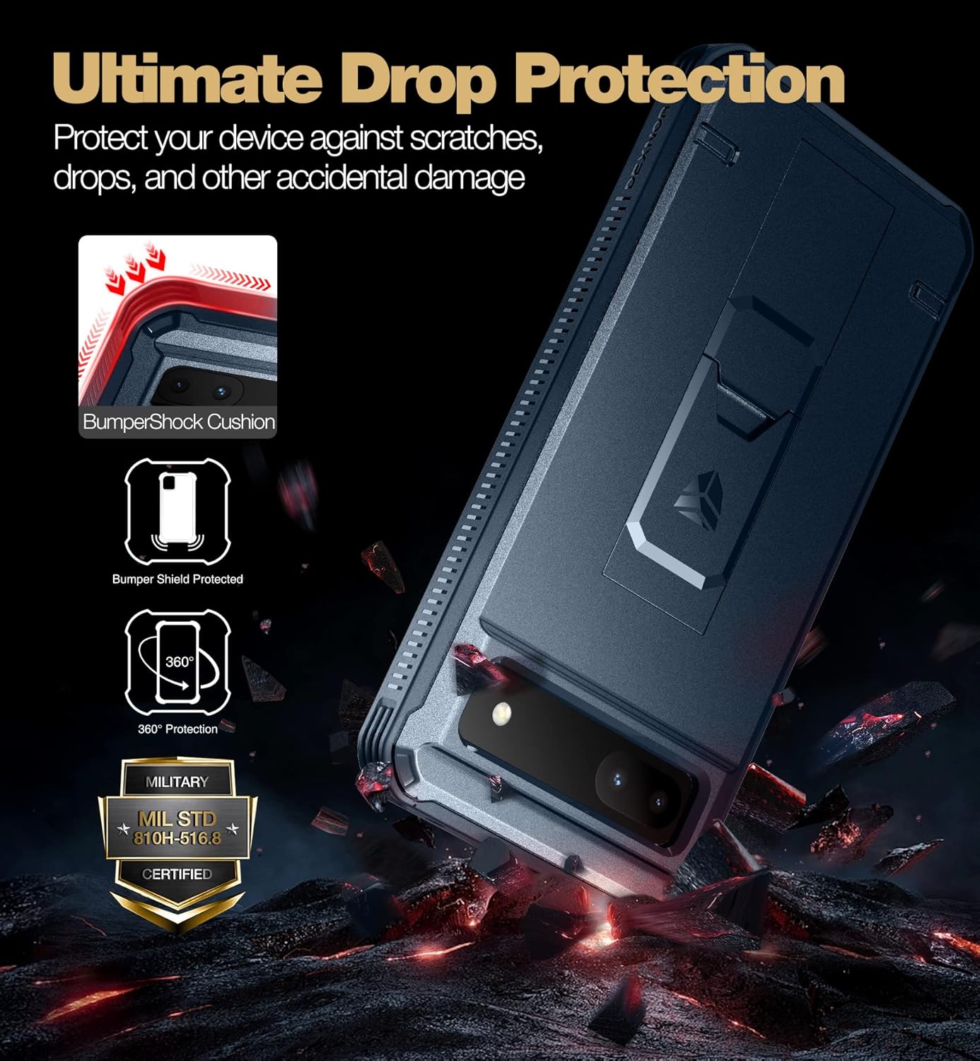 Dexnor Funda de cuerpo completo para Google Pixel 6A, protector de pantalla y soporte integrados resistente protección de grado militar a prueba de