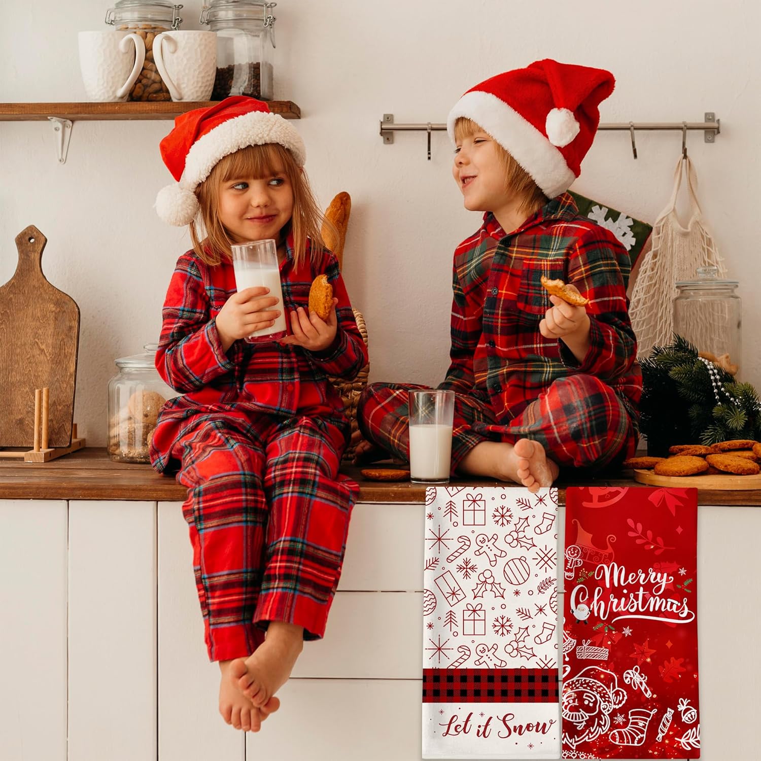 Juego de 2 toallas de cocina de Navidad, diseño de muñeco de nieve con texto en inglés Let it Snow a cuadros, juego de 2 paños para la inauguración