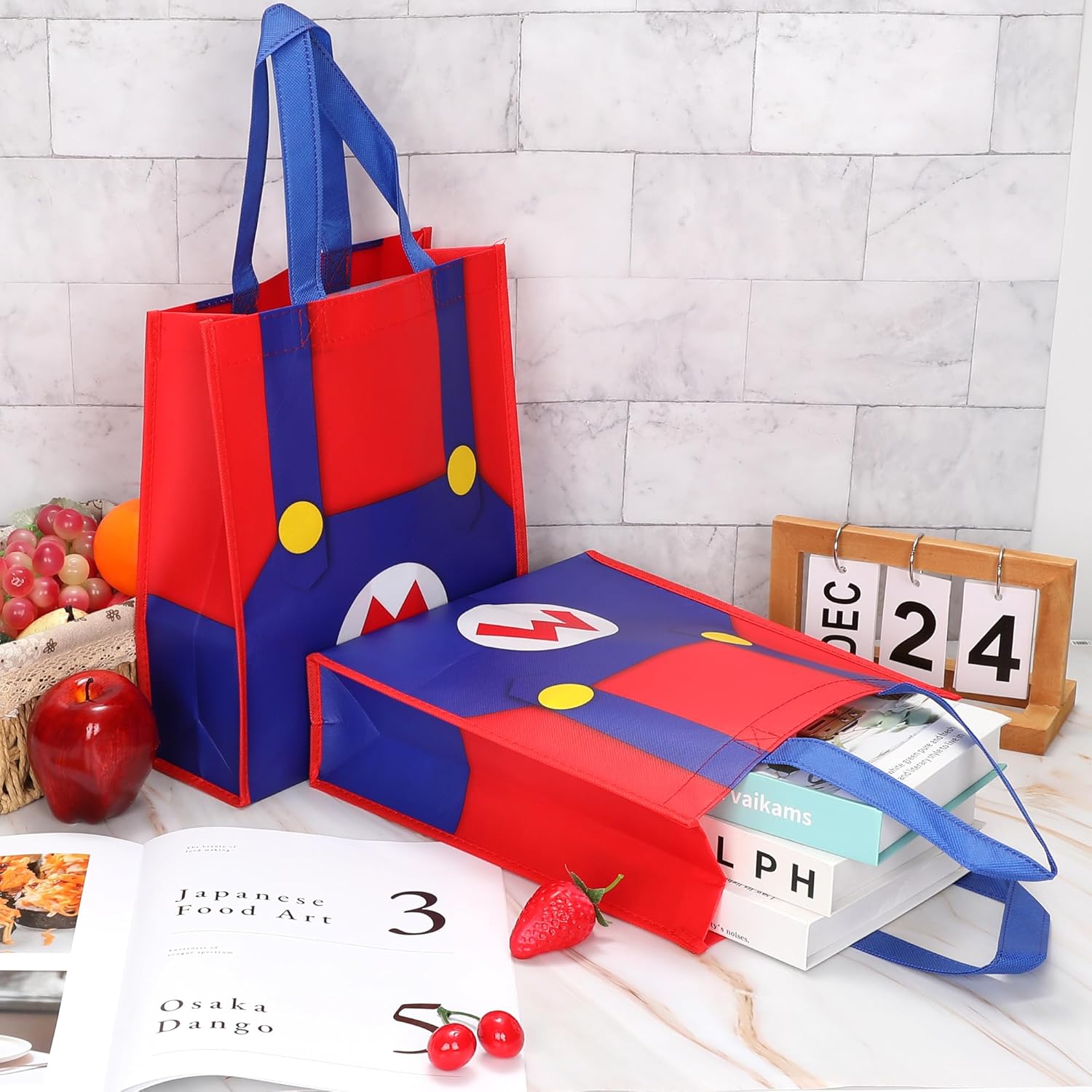 Bolsa de lona con patrón de dibujos animados, bolsa de compras reutilizable respetuosa con el medio ambiente, adecuada para fiestas de cumpleaños,