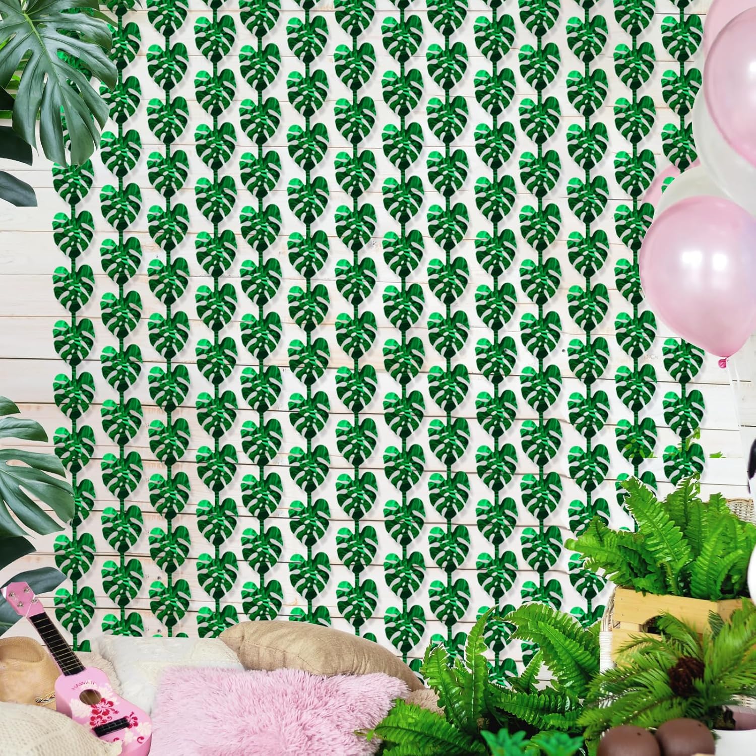 Decoraciones tropicales para fiestas, paquete de 2 unidades, diseño de hojas de palmera tropicales verdes, 3.3 x 6.6 pies, cortinas de flecos de