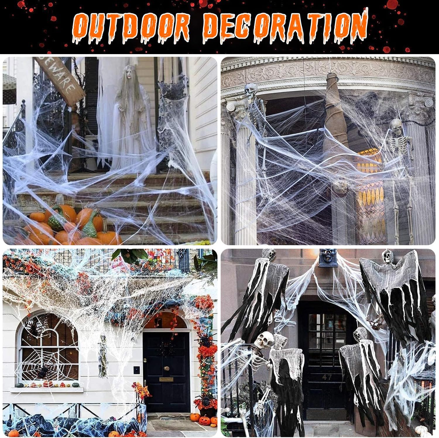 Telaraña de Halloween de 1500 pies cuadrados con 60 arañas falsas extra, telarañas falsas superelásticas, telarañas blancas espeluznantes,