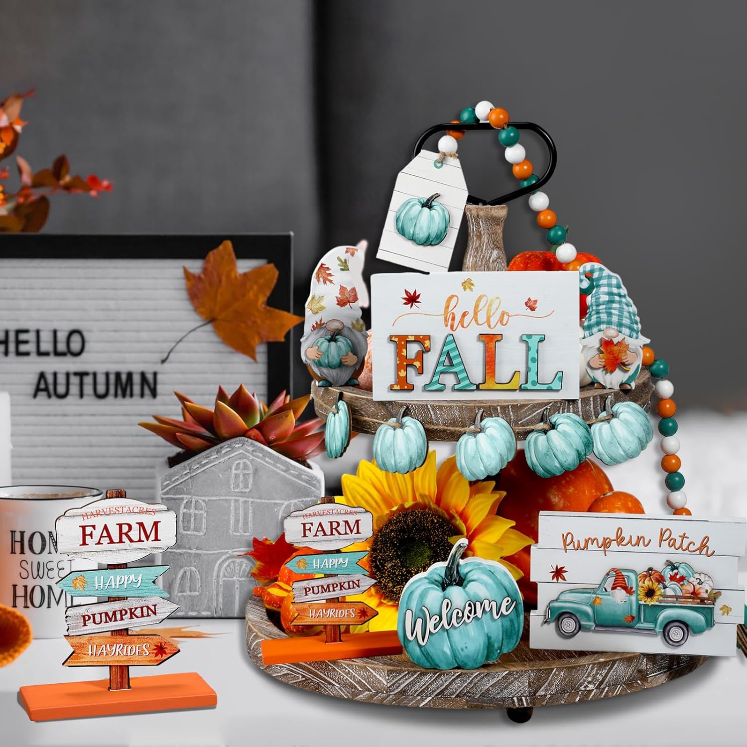 Soaoo Juego de 12 piezas de decoración de bandejas escalonadas de madera con texto en inglés “Hello Fall Pumpkin Gnomo”, letreros para otoño,