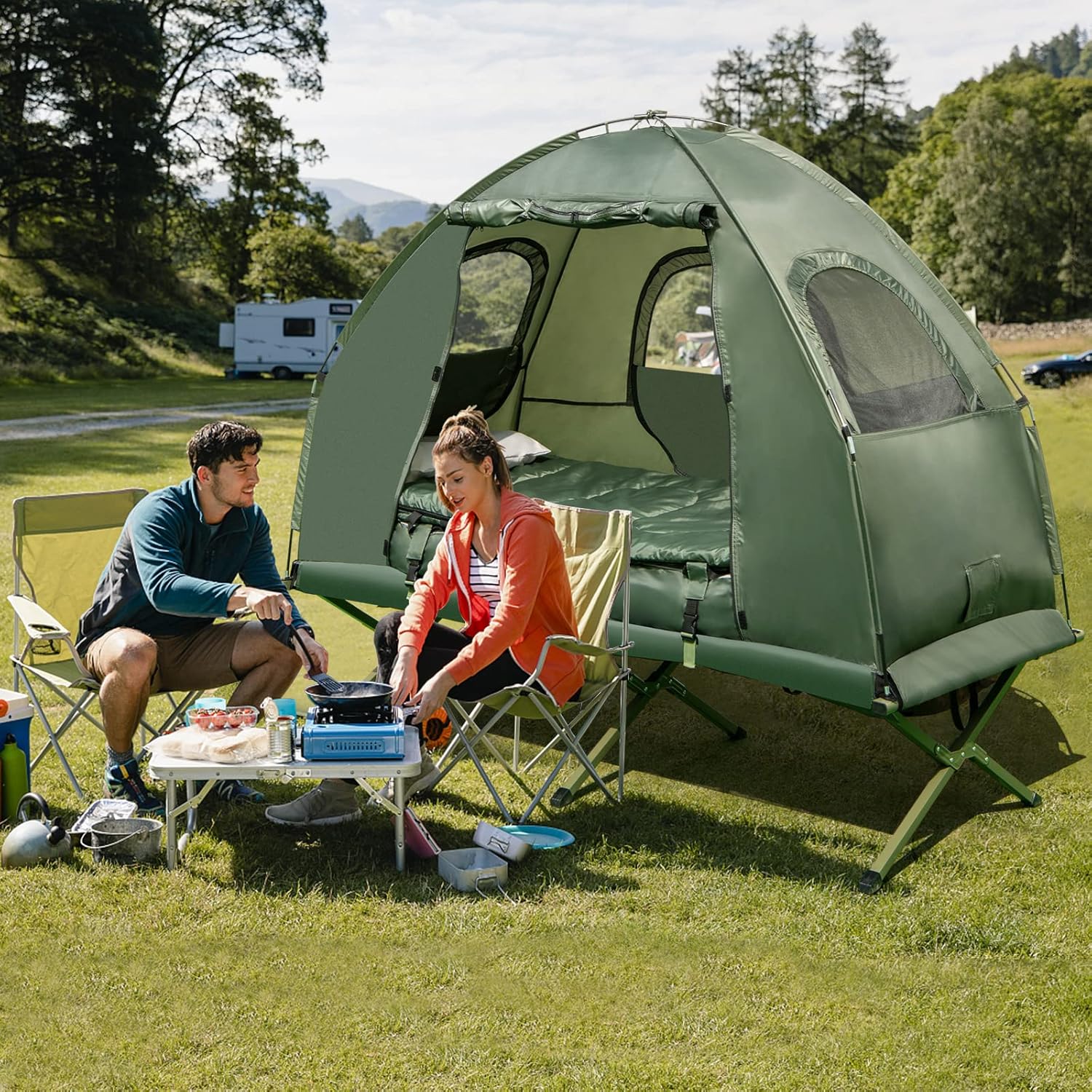 Safstar – Catre 5 en 1, tienda de campaña con colchón de aire, saco de dormir, catre de campamento, toldo y almohada de aire, bolsa de transporte,
