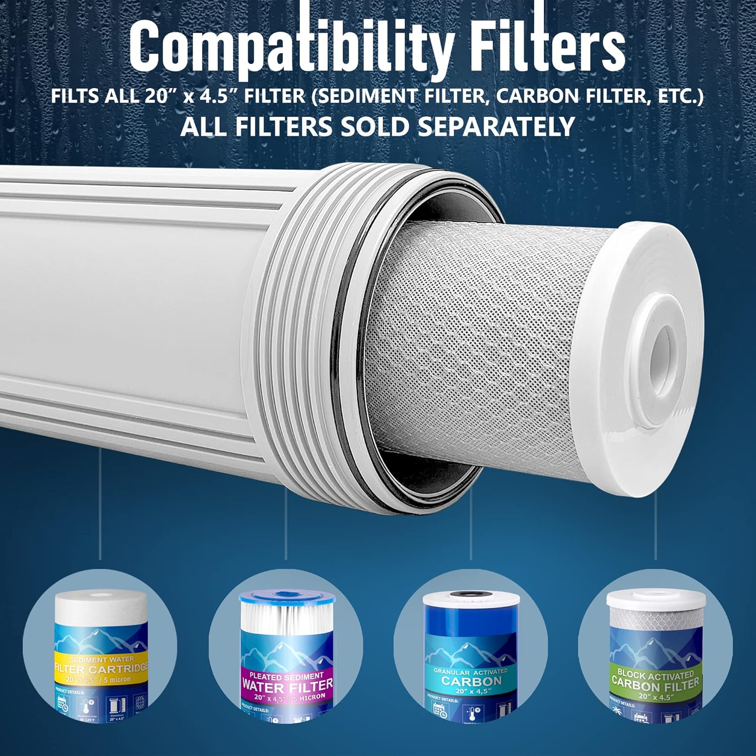 Sistema purificador de filtro para toda la casa de alta capacidad de 20 x 4.5 pulgadas para agua de pozos o ciudades, botón de alivio de