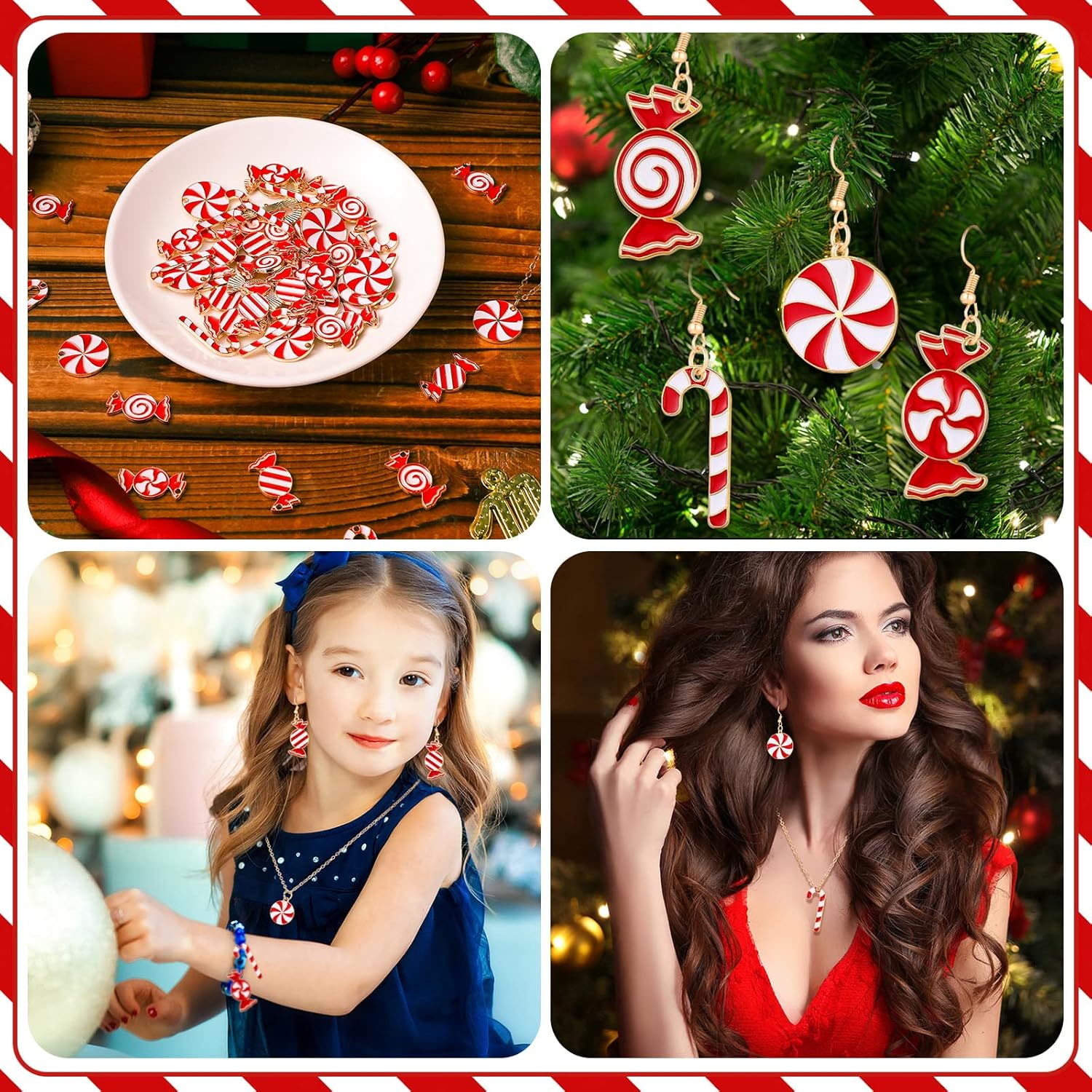 Kajaia 60 dijes de Navidad con colgante de bastón de caramelo para hacer joyas, dijes de esmalte de Navidad de aleación, dijes de vacaciones para