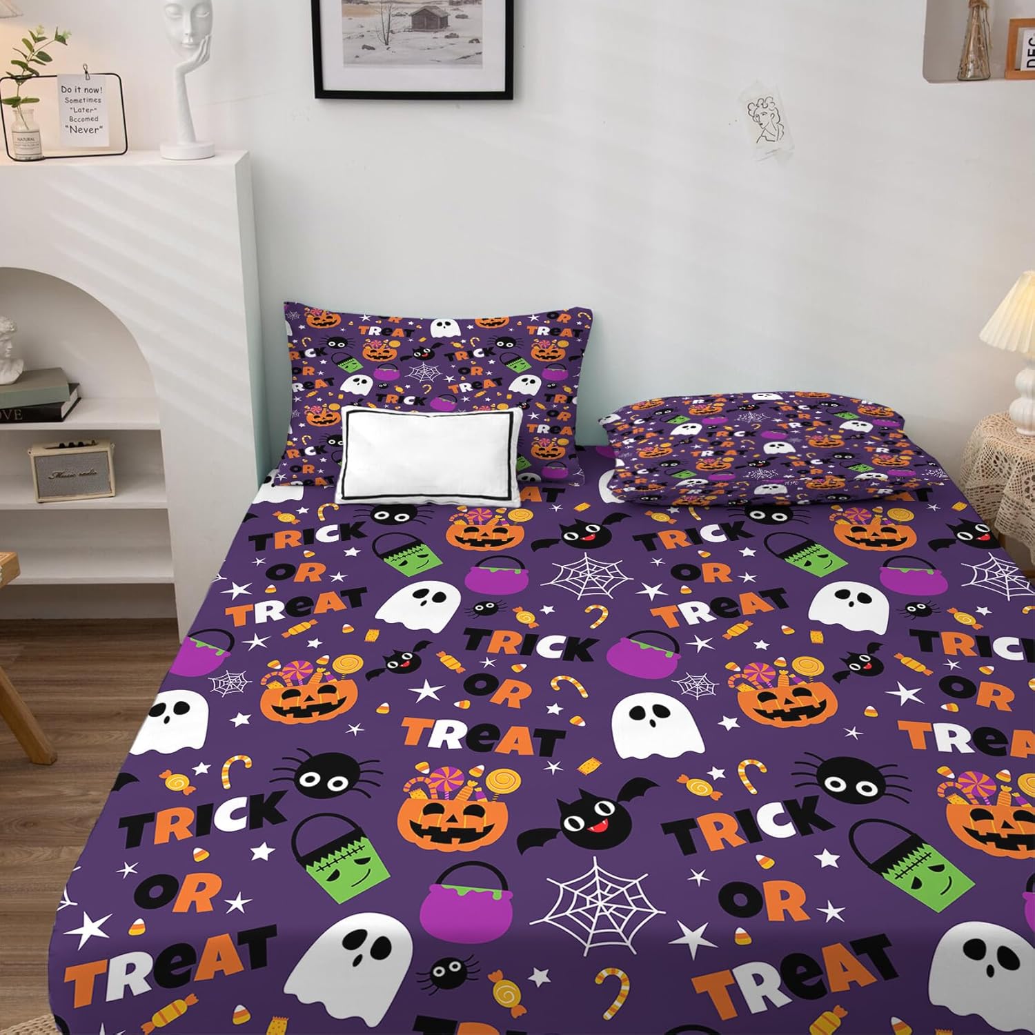 Sábanas de Halloween tamaño matrimonial, sábanas de murciélago de calabaza fantasma, juego de sábanas y fundas de almohada de 4 piezas, sábana