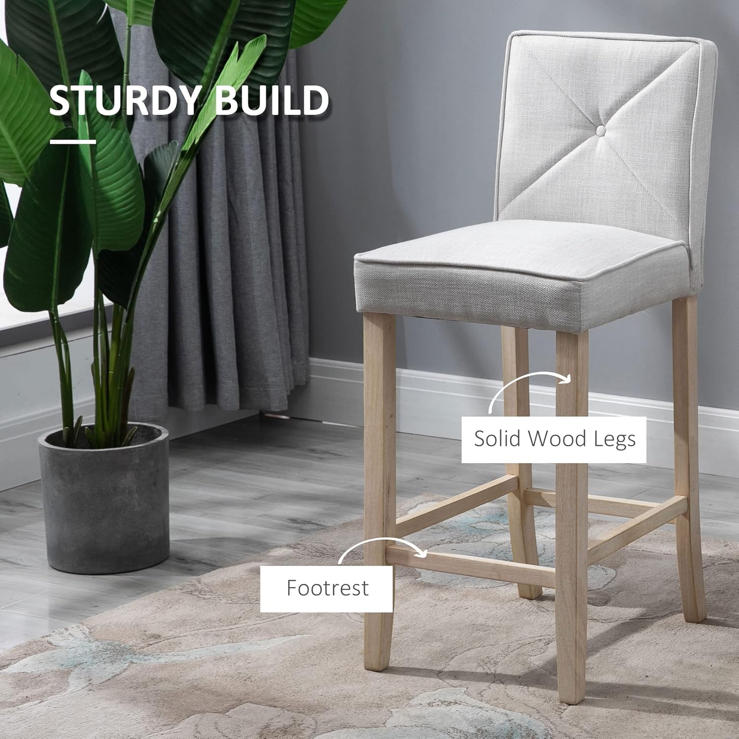 HOMCOM Juego de 2 taburetes de bar modernos, taburetes de cocina tapizados con altura de barra con reposapiés integrado, patas de madera maciza,