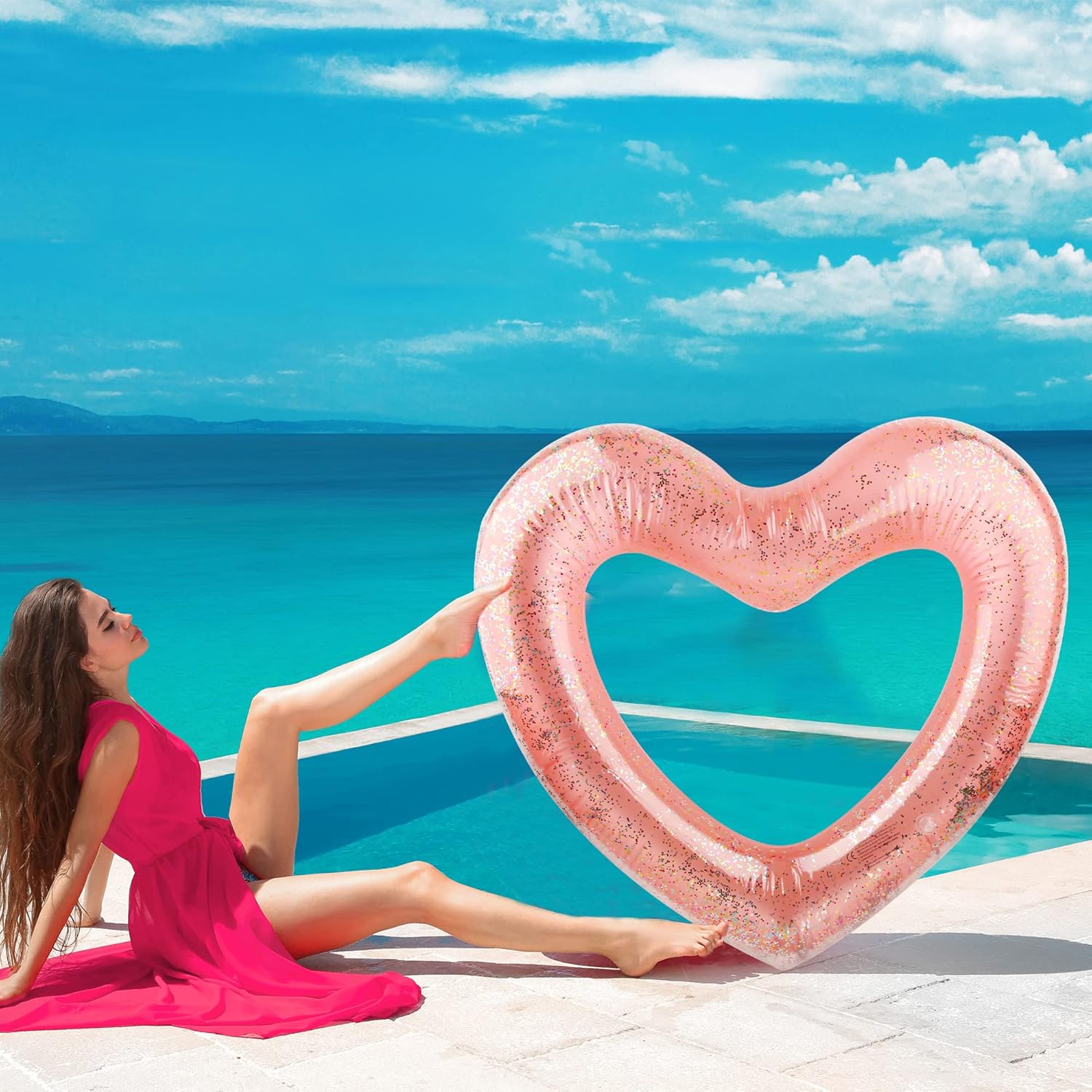 Paquete de 8 anillos inflables de natación con forma de corazón flotadores para mujeres y niñas, suministros de fiesta en la playa